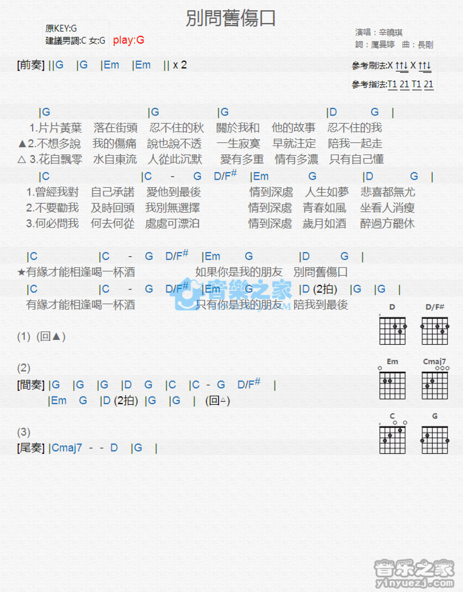 辛晓琪《别问旧伤口》吉他谱_G调吉他弹唱谱_和弦谱第1张