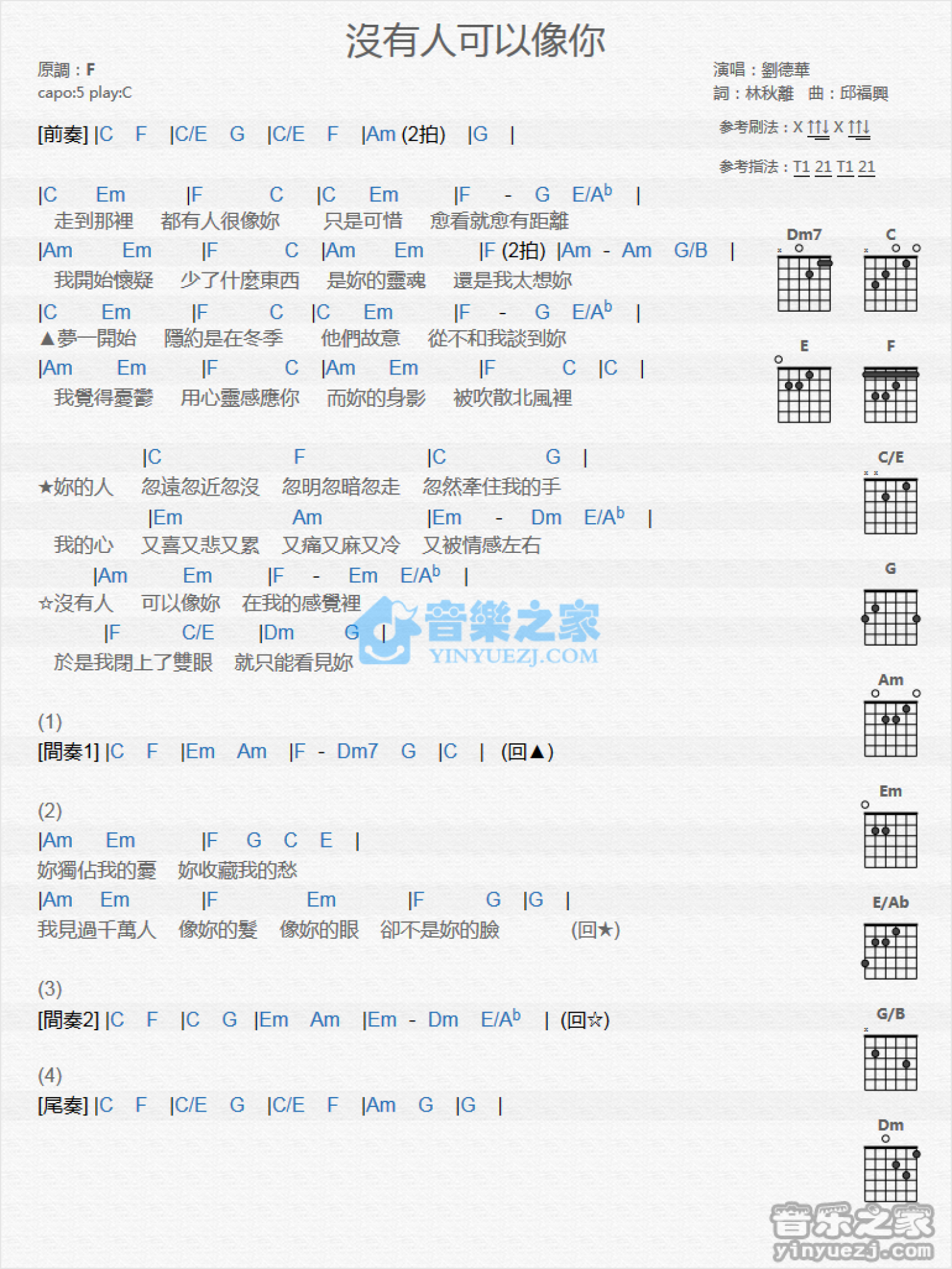 刘德华《没有人可以像你》吉他谱_C调吉他弹唱谱_和弦谱第1张