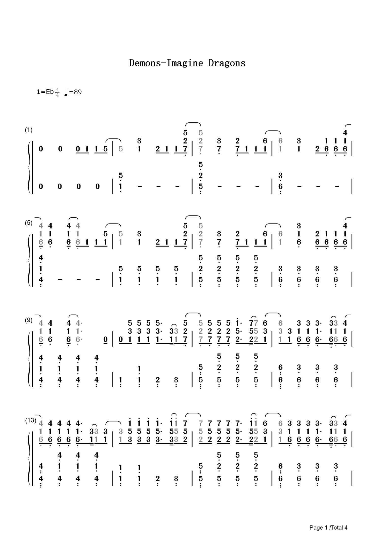 九层妖塔主题曲《Demons  Imagine Dragons》钢琴谱_数字简谱第1张