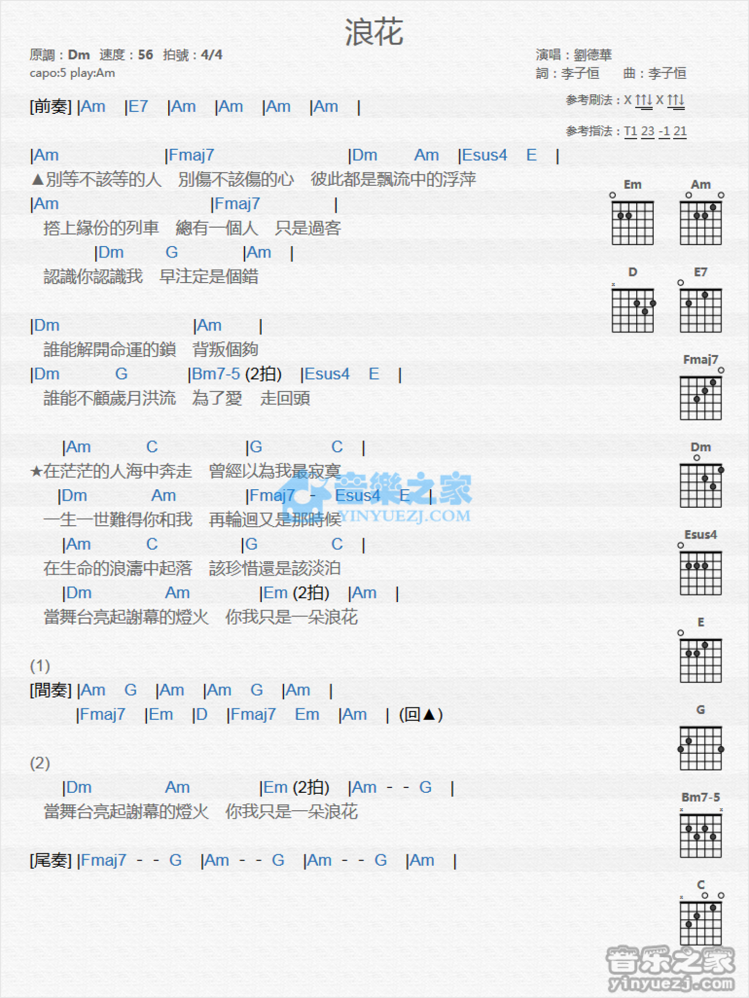 刘德华《浪花》吉他谱_C调吉他弹唱谱_和弦谱第1张