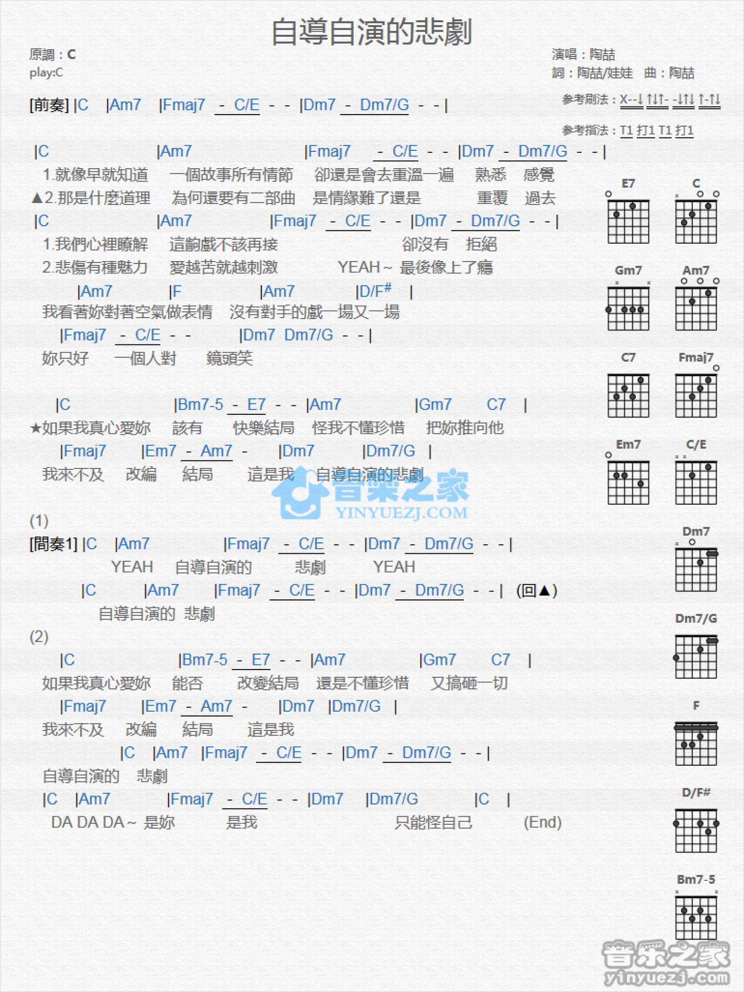 陶喆《C调版 陶础蹲缘甲匝莸谋纭芳拖业》吉他谱_C调吉他弹唱谱第1张