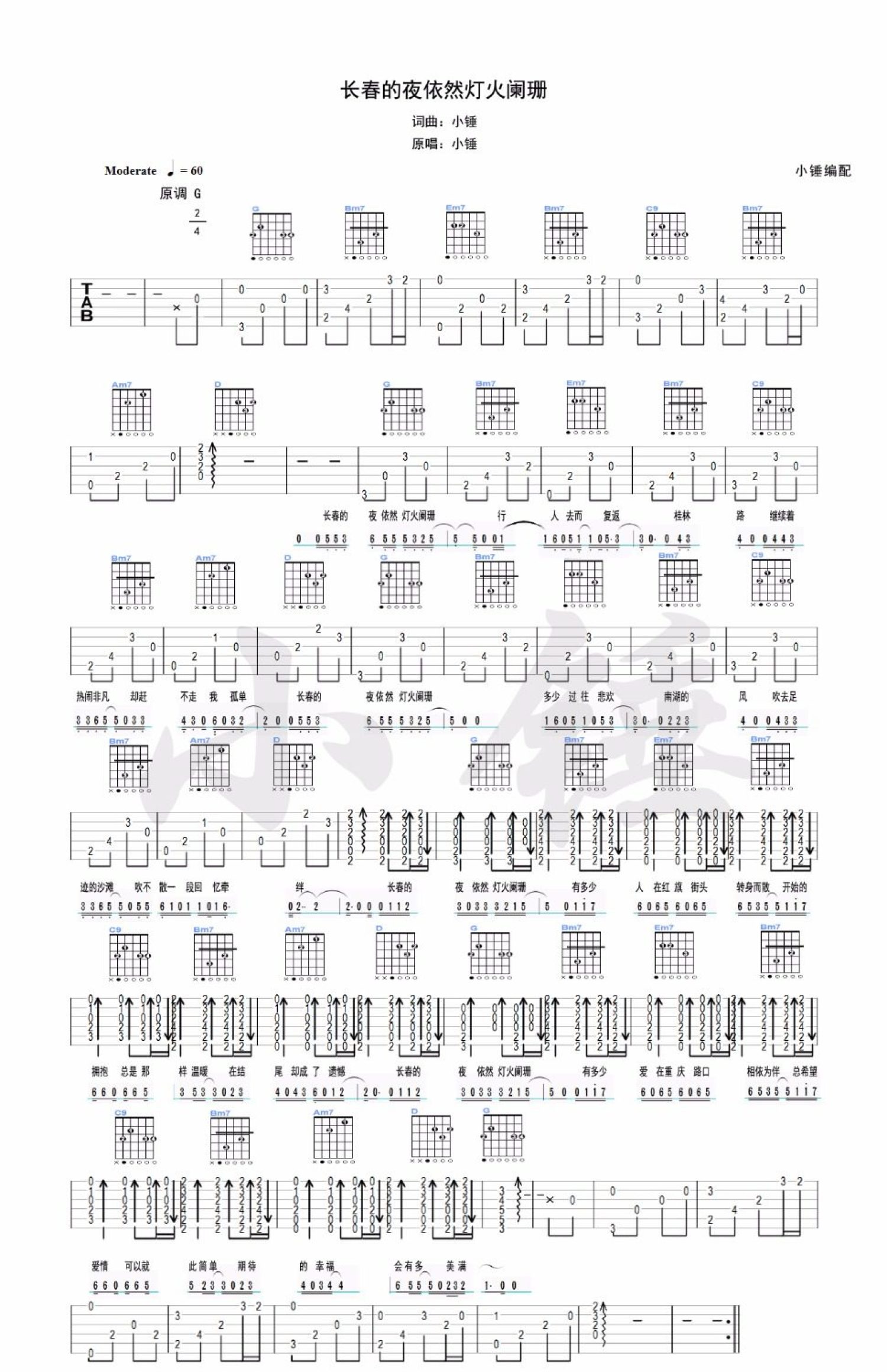 小锤《长春的夜依然灯火阑珊》吉他谱_G调吉他弹唱谱第1张