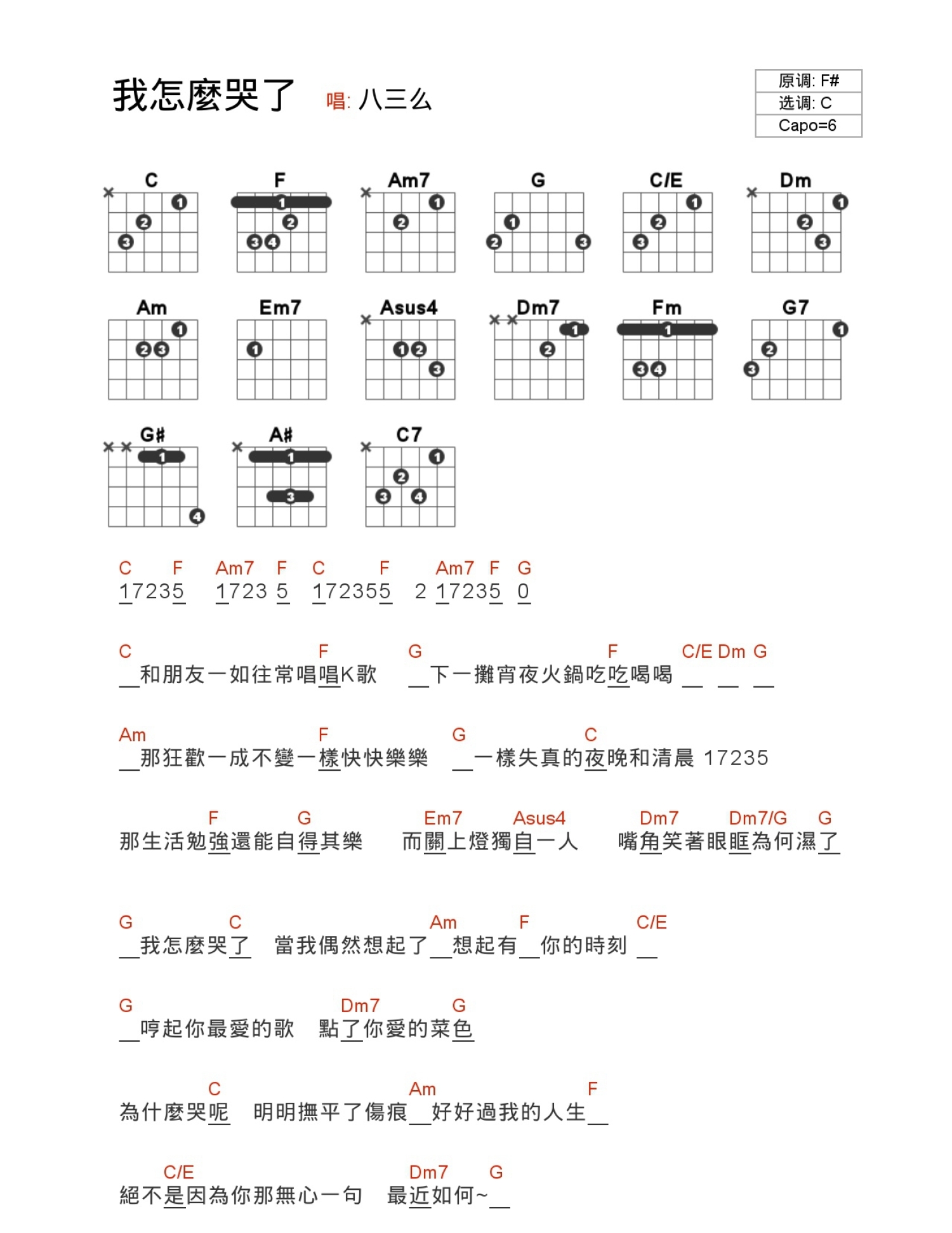 八三夭《我怎么哭了》吉他谱_C调吉他弹唱谱_和弦谱第1张