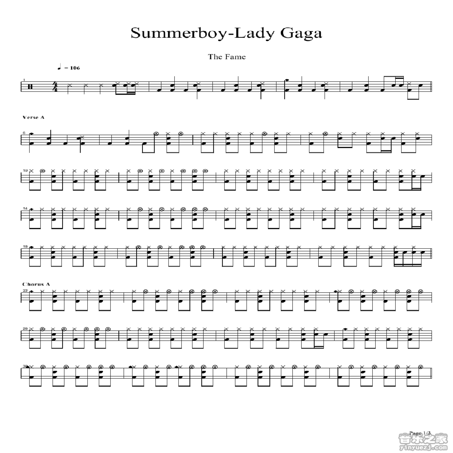 lady gaga《Summerboy》鼓谱_架子鼓谱第1张