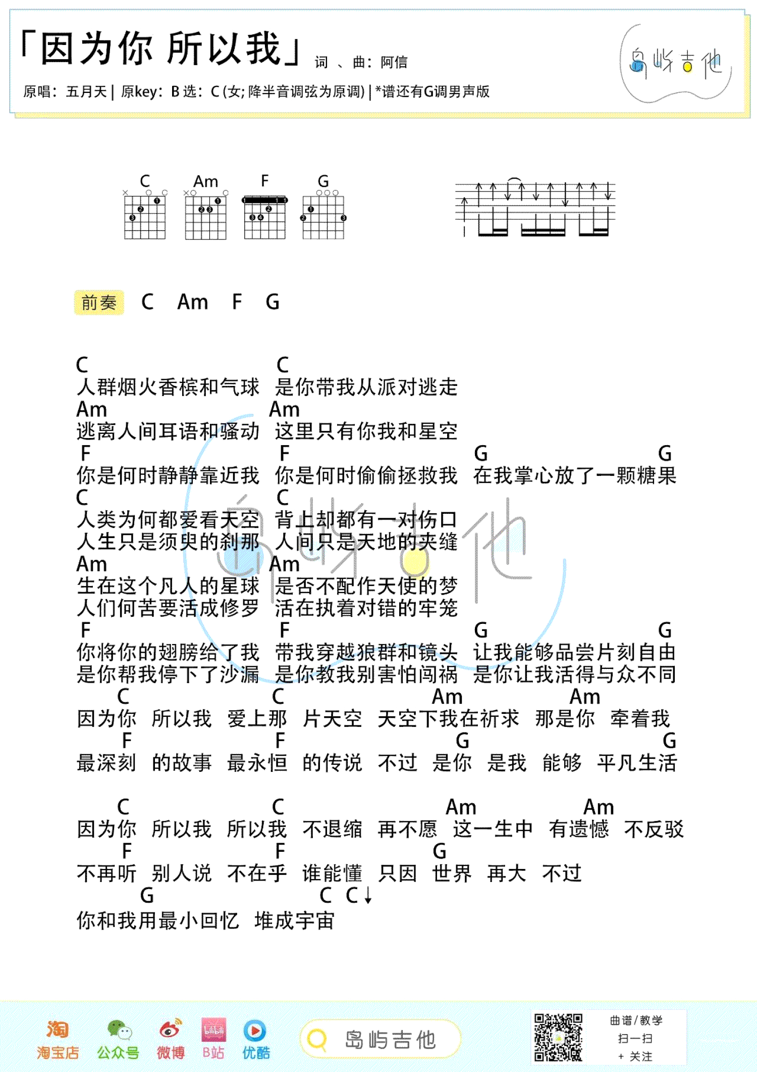 五月天《因为你 所以我》吉他谱_C调吉他弹唱谱_和弦谱第1张