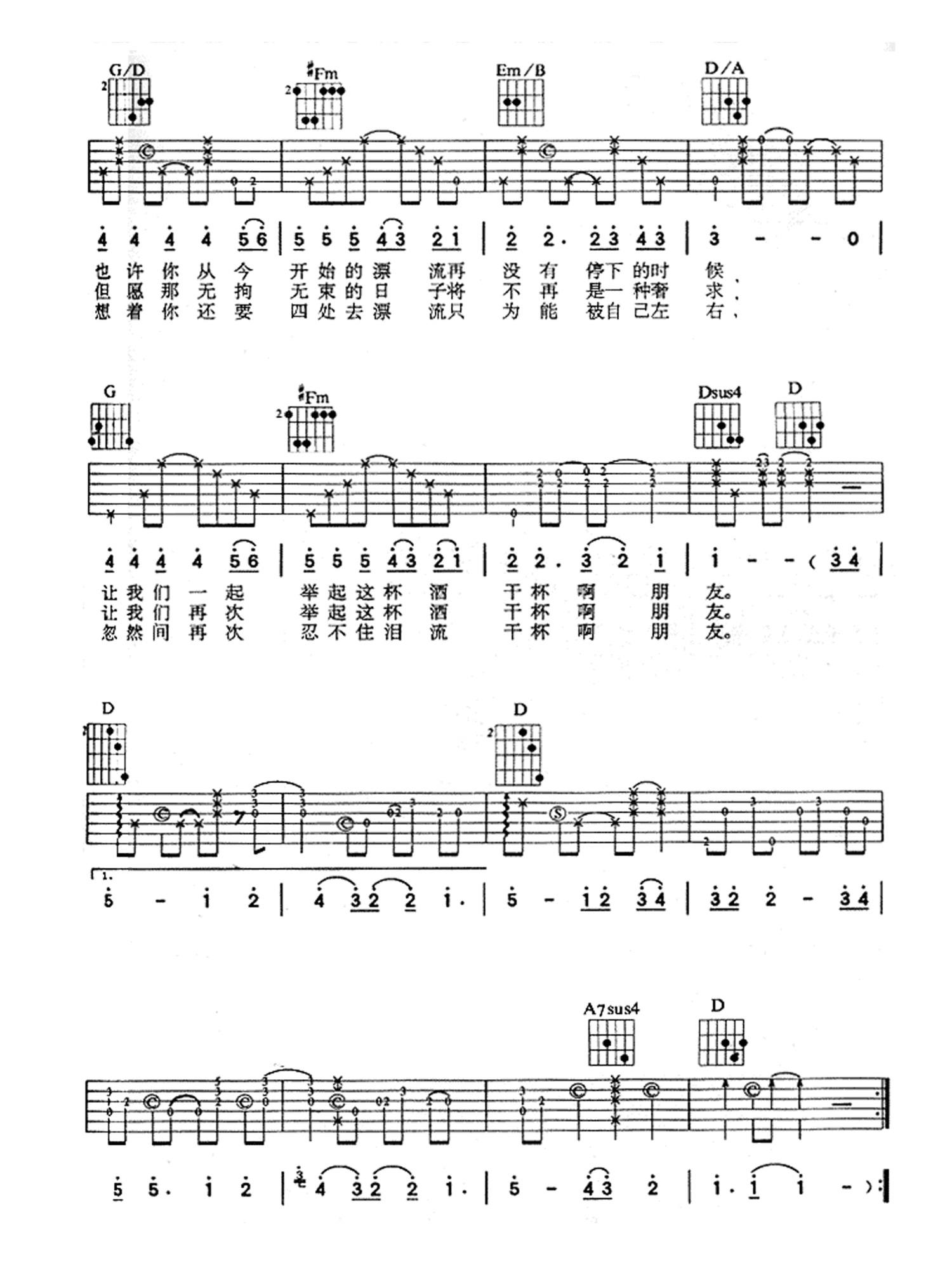 田震《干杯朋友》吉他谱_D调吉他弹唱谱第2张