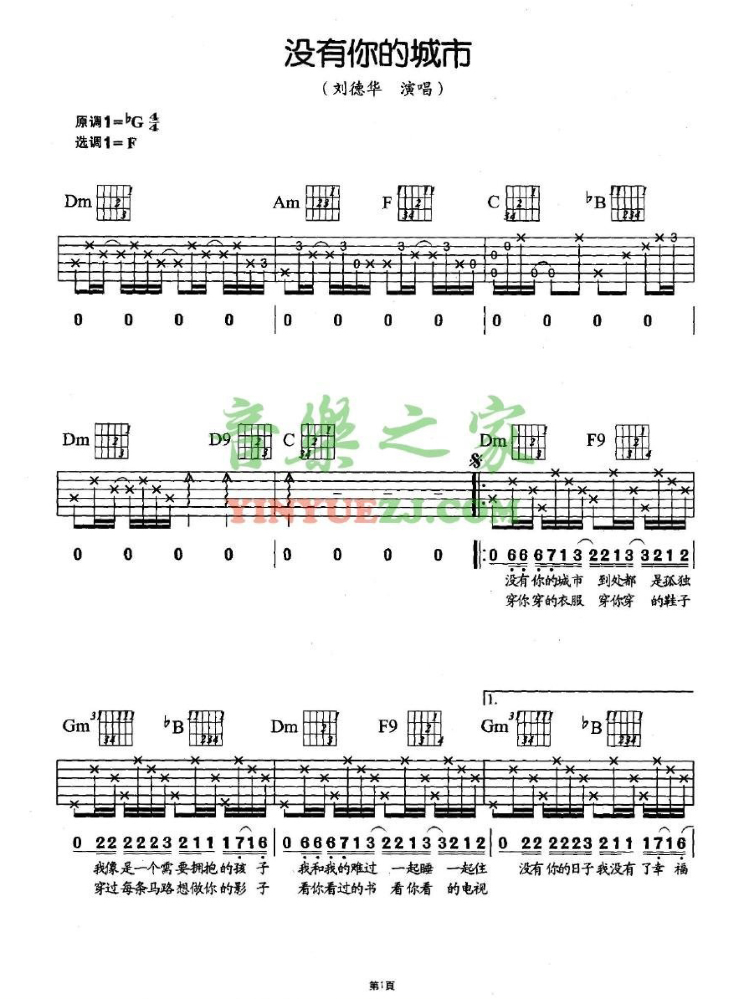 刘德华《没有你的城市》吉他谱_F调吉他弹唱谱第1张
