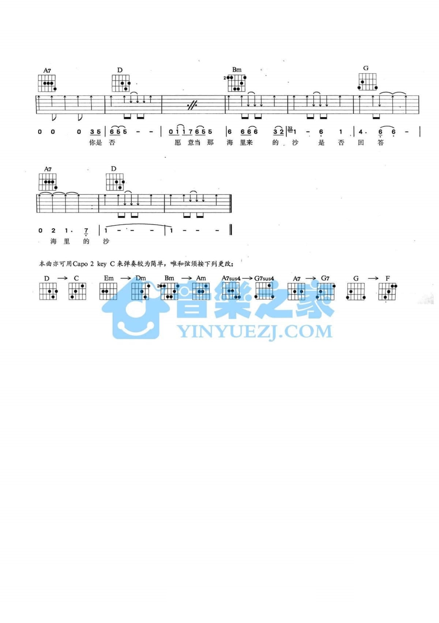 韩培娟《海里来的沙》吉他谱_D调吉他弹唱谱第2张