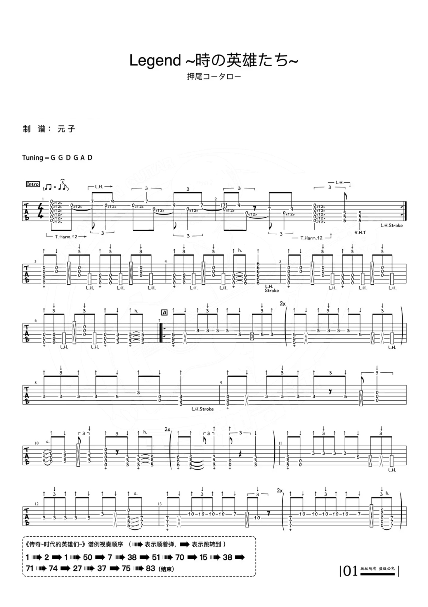 押尾《传奇~时代的英雄们》吉他谱_C调吉他独奏谱第1张