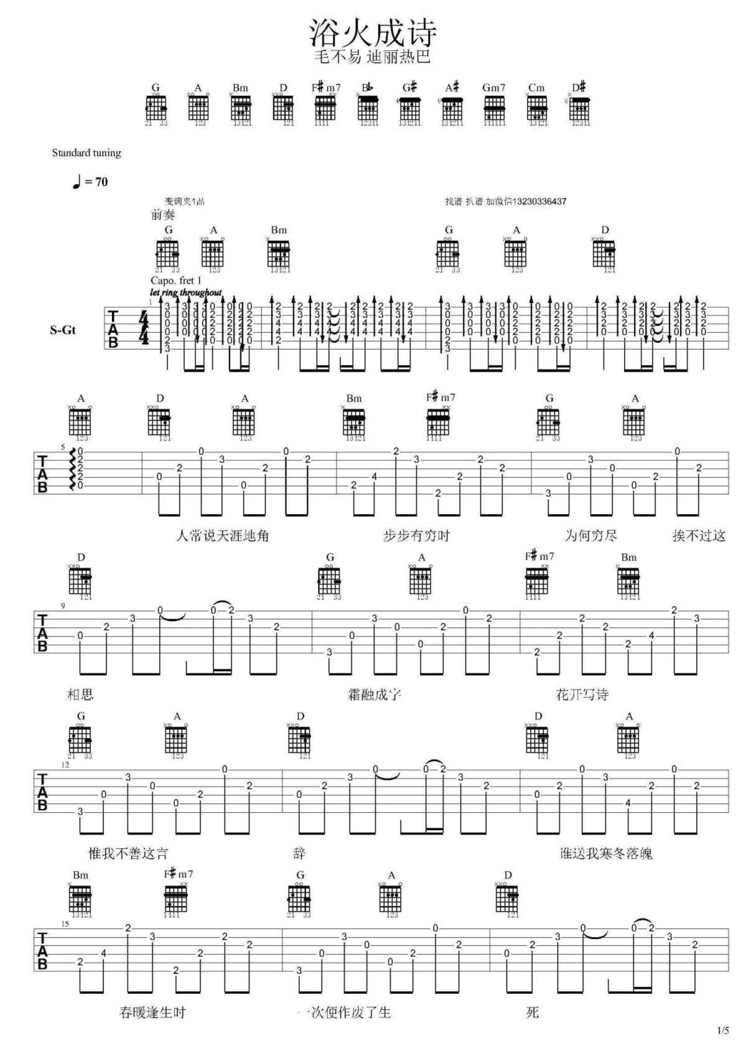 毛不易/迪丽热巴《浴火成诗》吉他谱_吉他弹唱谱第1张