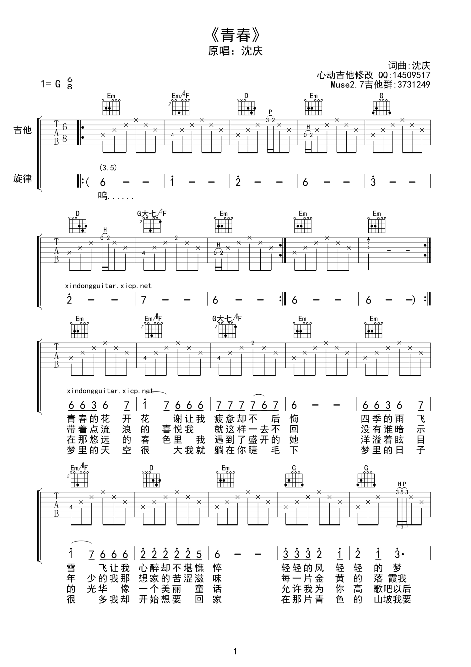 沈庆《青春》吉他谱_G调吉他弹唱谱第1张