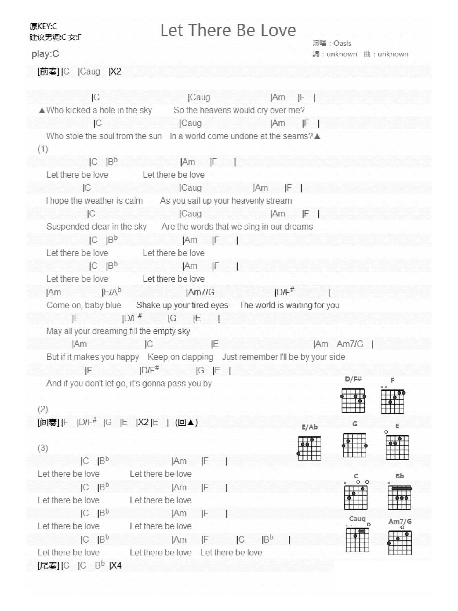 Oasis《Let There Be Love》吉他谱_C调吉他弹唱谱_和弦谱第1张