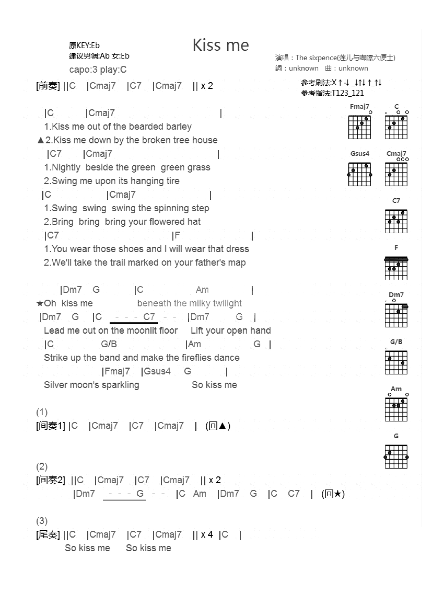 Sixpence《Kiss Me》吉他谱_C调吉他弹唱谱_和弦谱第1张