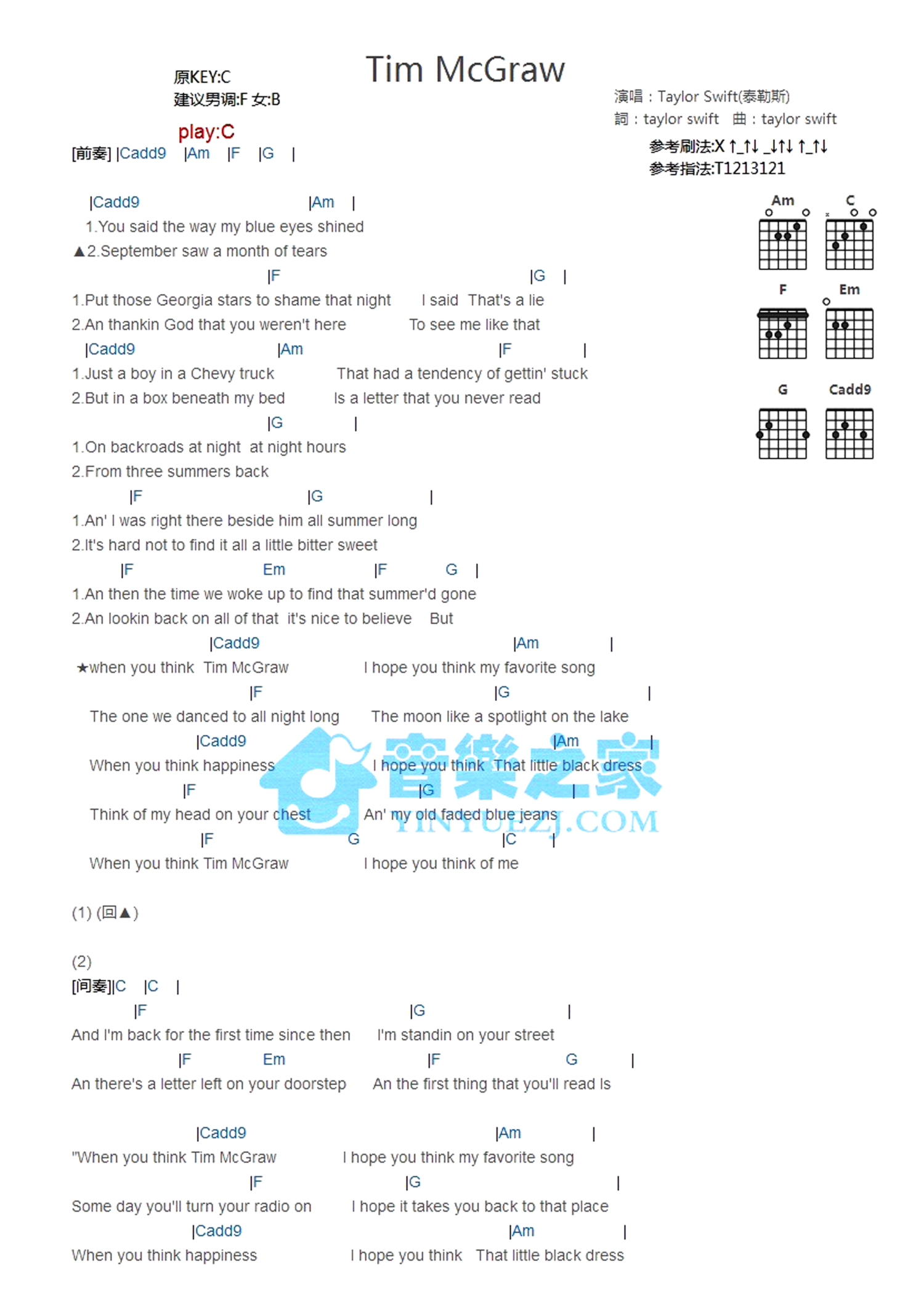 Taylor Swift《Tim McGrow》吉他谱_C调吉他弹唱谱_和弦谱第1张