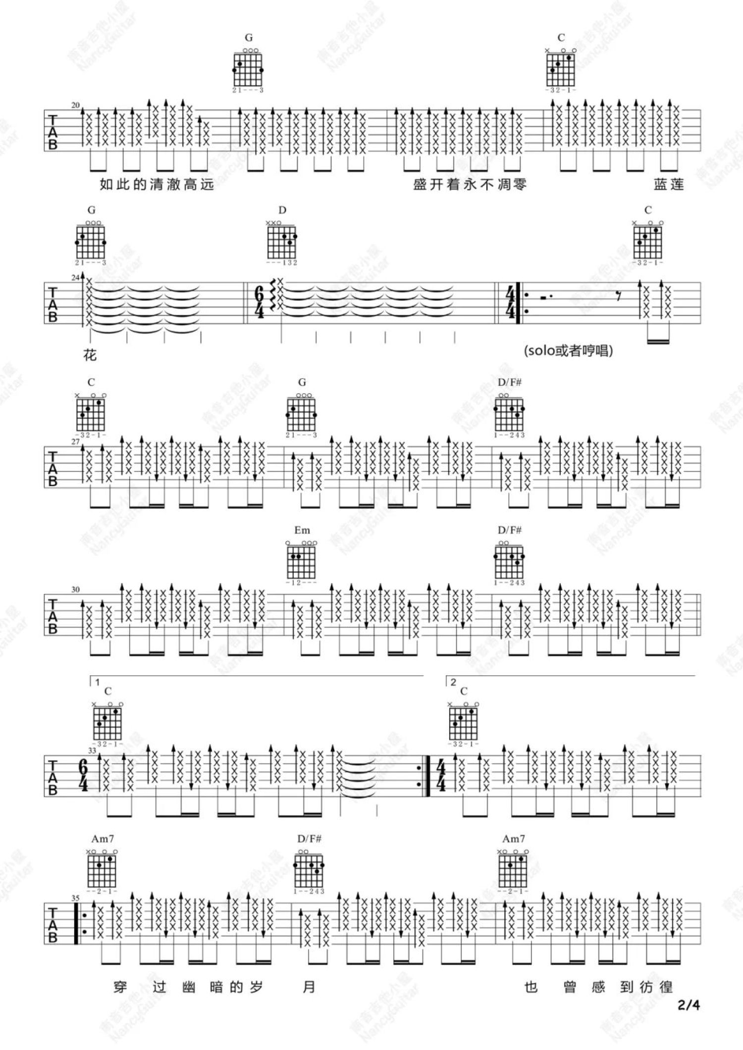 许巍《蓝莲花》吉他谱_吉他弹唱谱_女生版第2张