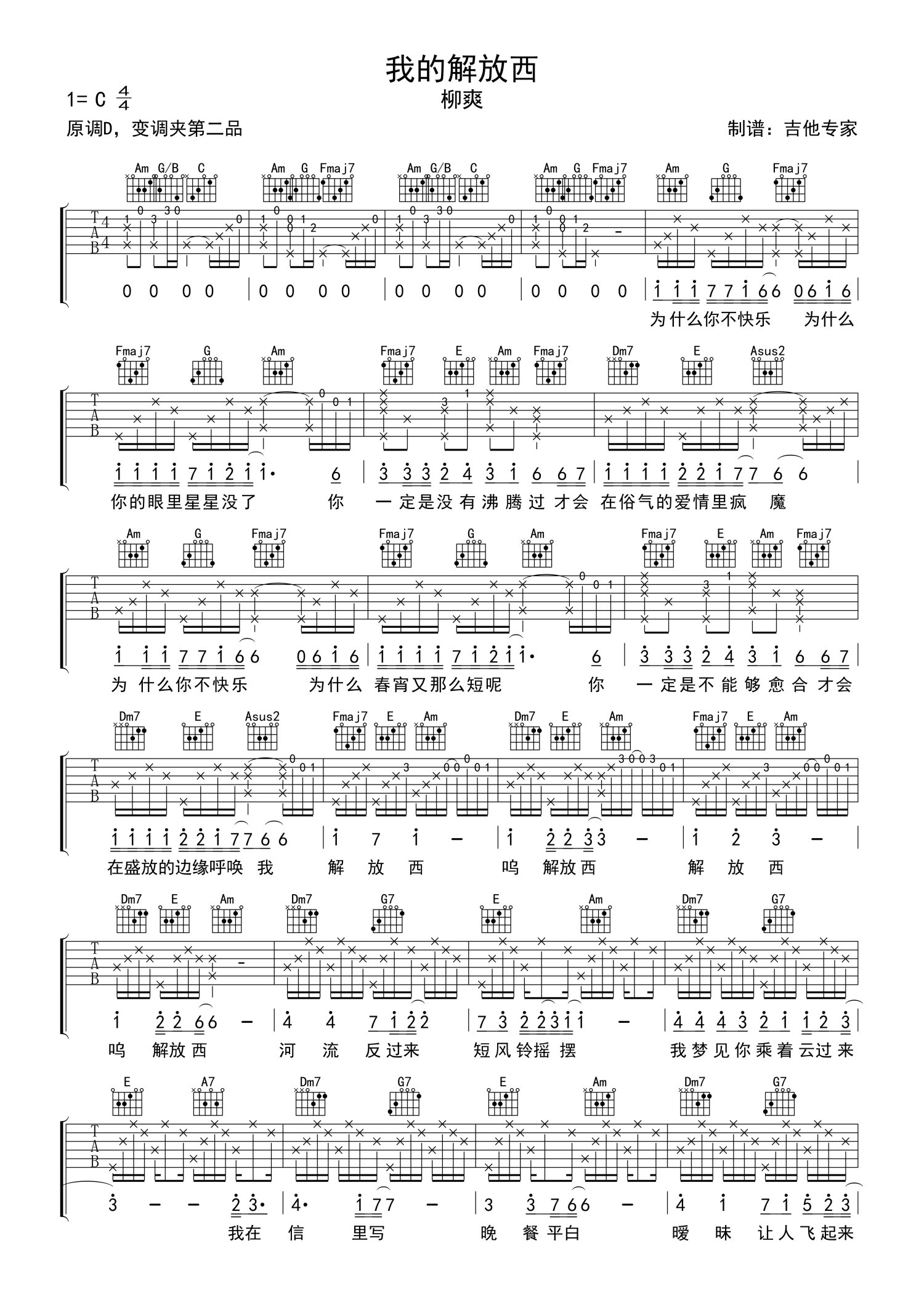 柳爽《我的解放西》吉他谱_C调吉他弹唱谱_免翻页版第1张