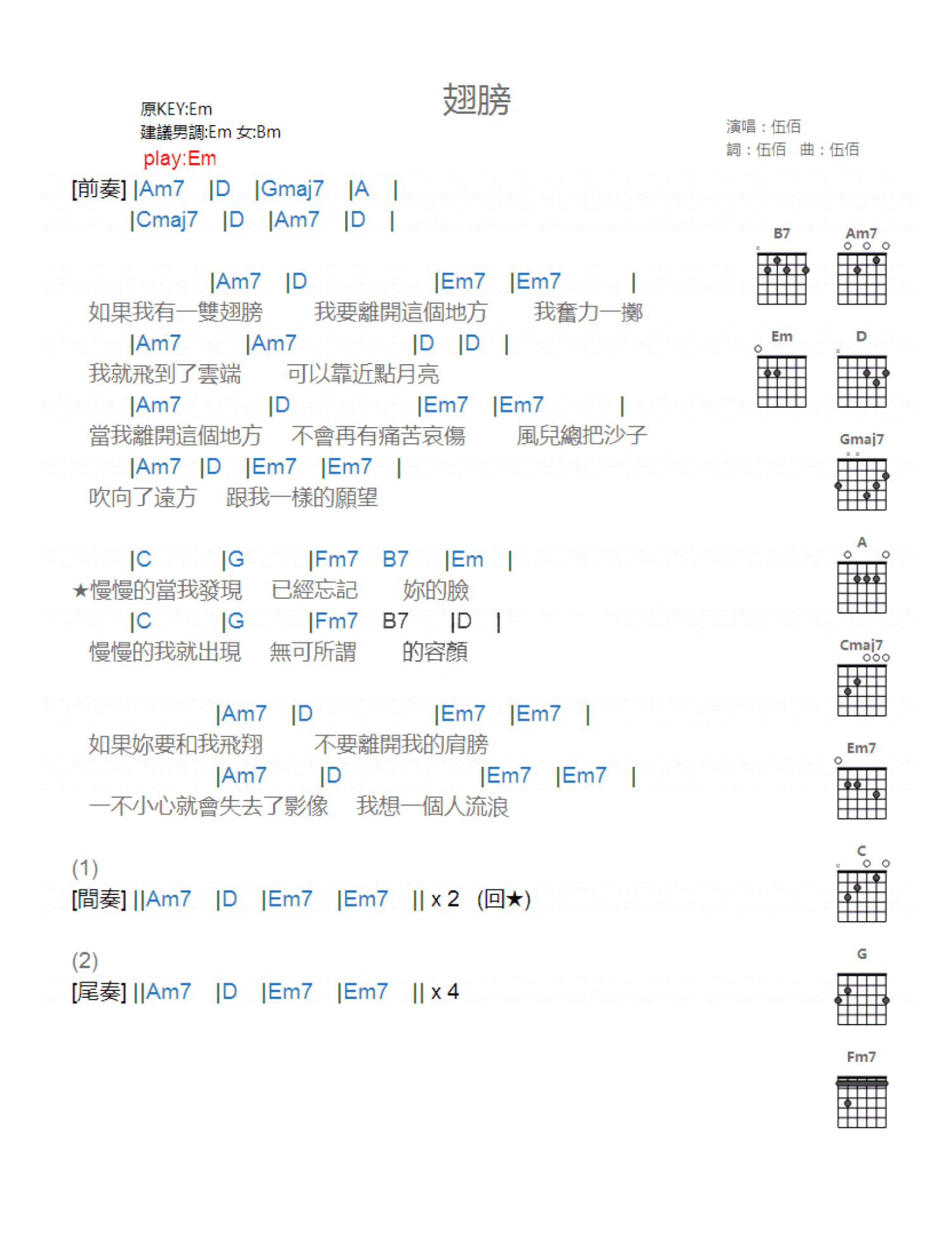 伍佰《翅膀》吉他谱_E调吉他弹唱谱_和弦谱第1张