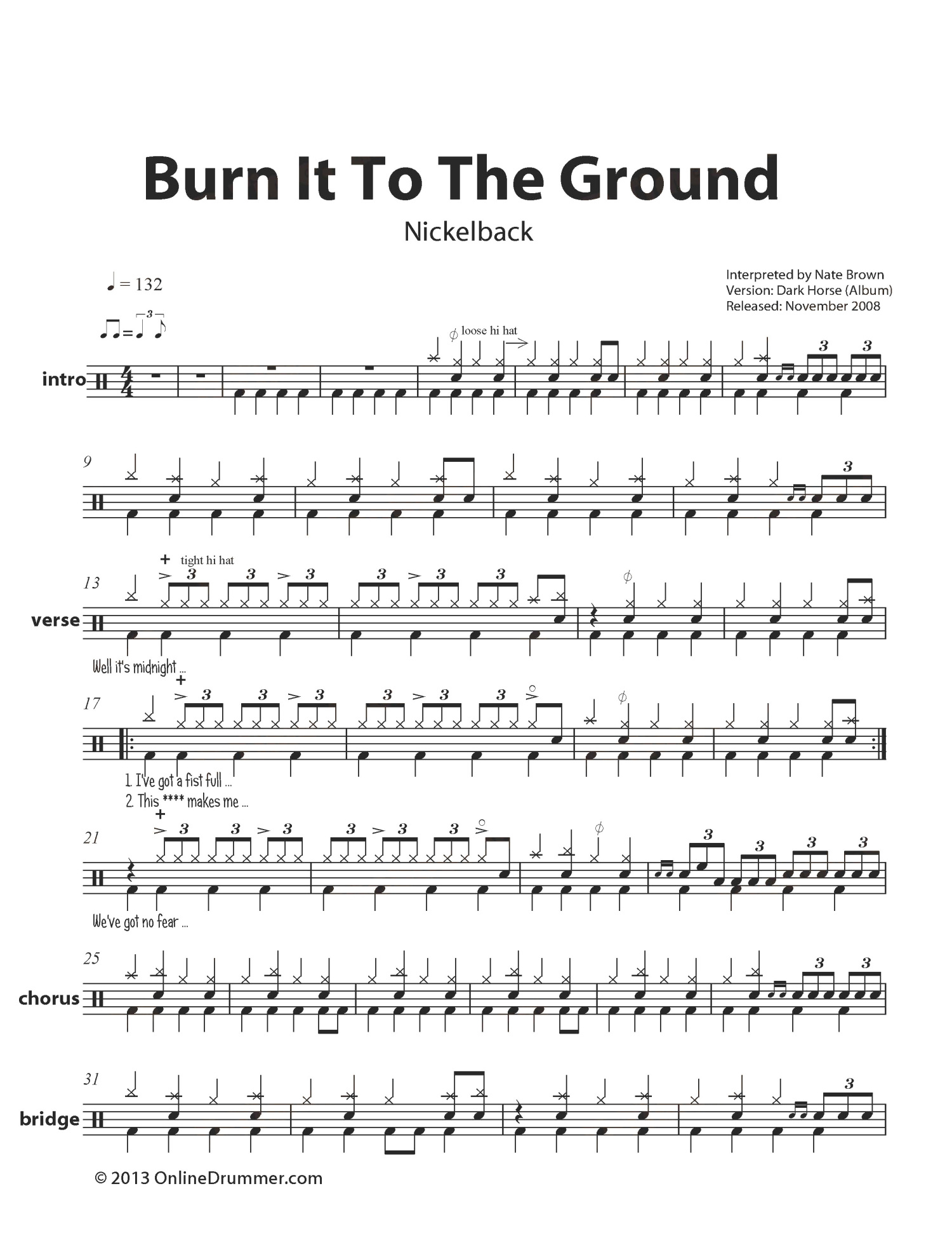 Nickelback《Burn It To The Ground》鼓谱_架子鼓谱第1张