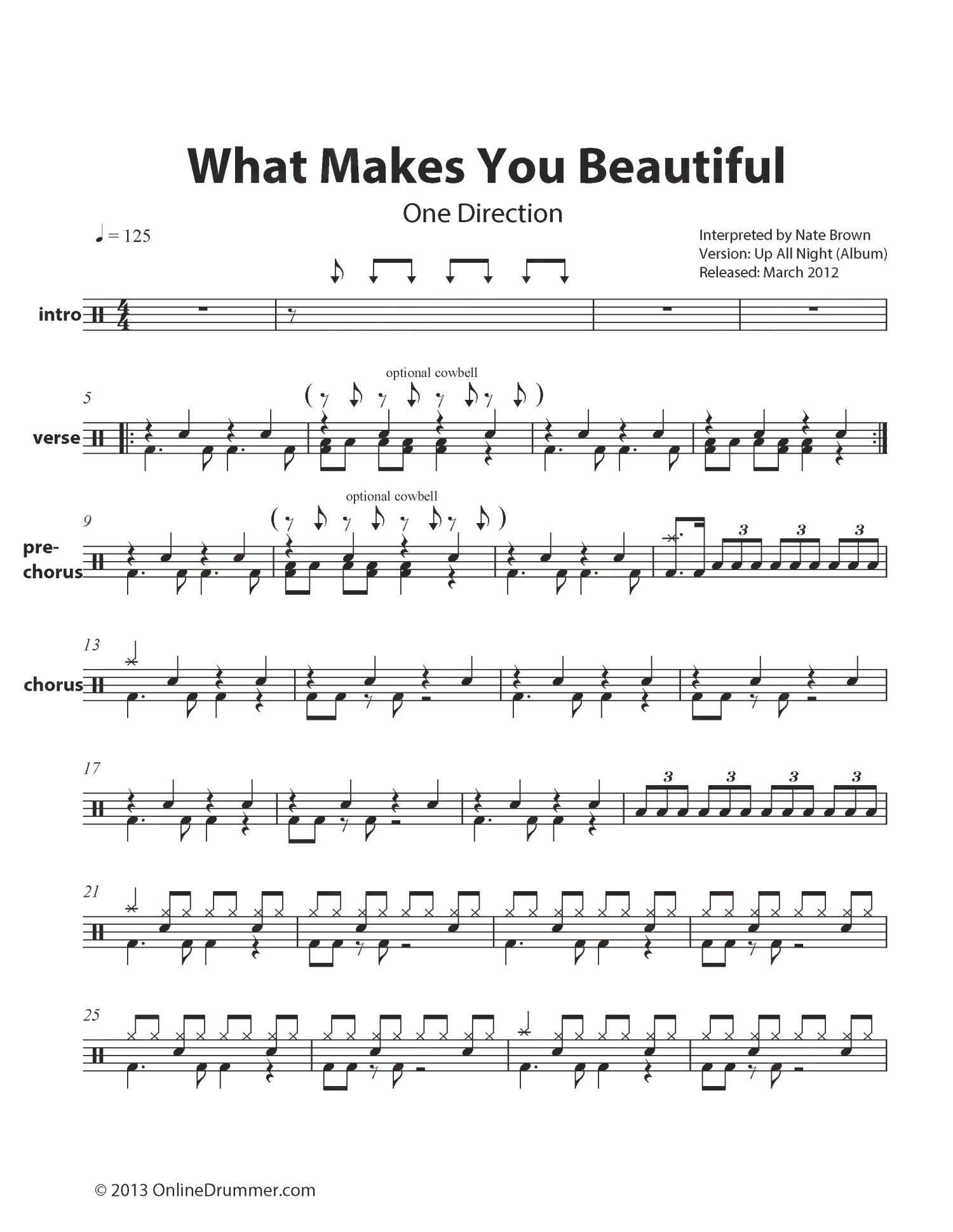 One Direction《What Makes You Beautiful》鼓谱_架子鼓谱第1张