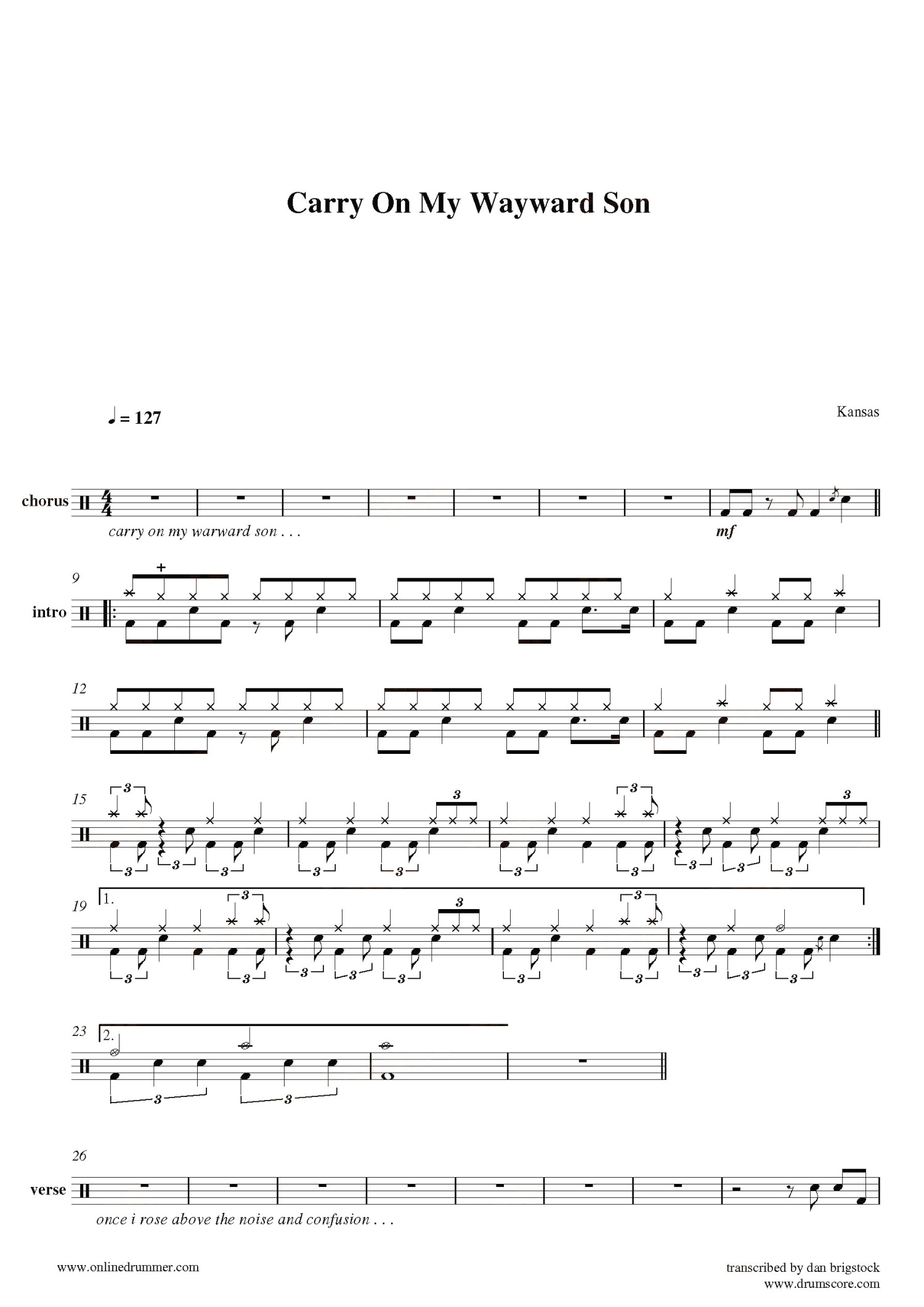 Kansas《Carry on my wayward son》鼓谱_架子鼓谱第1张