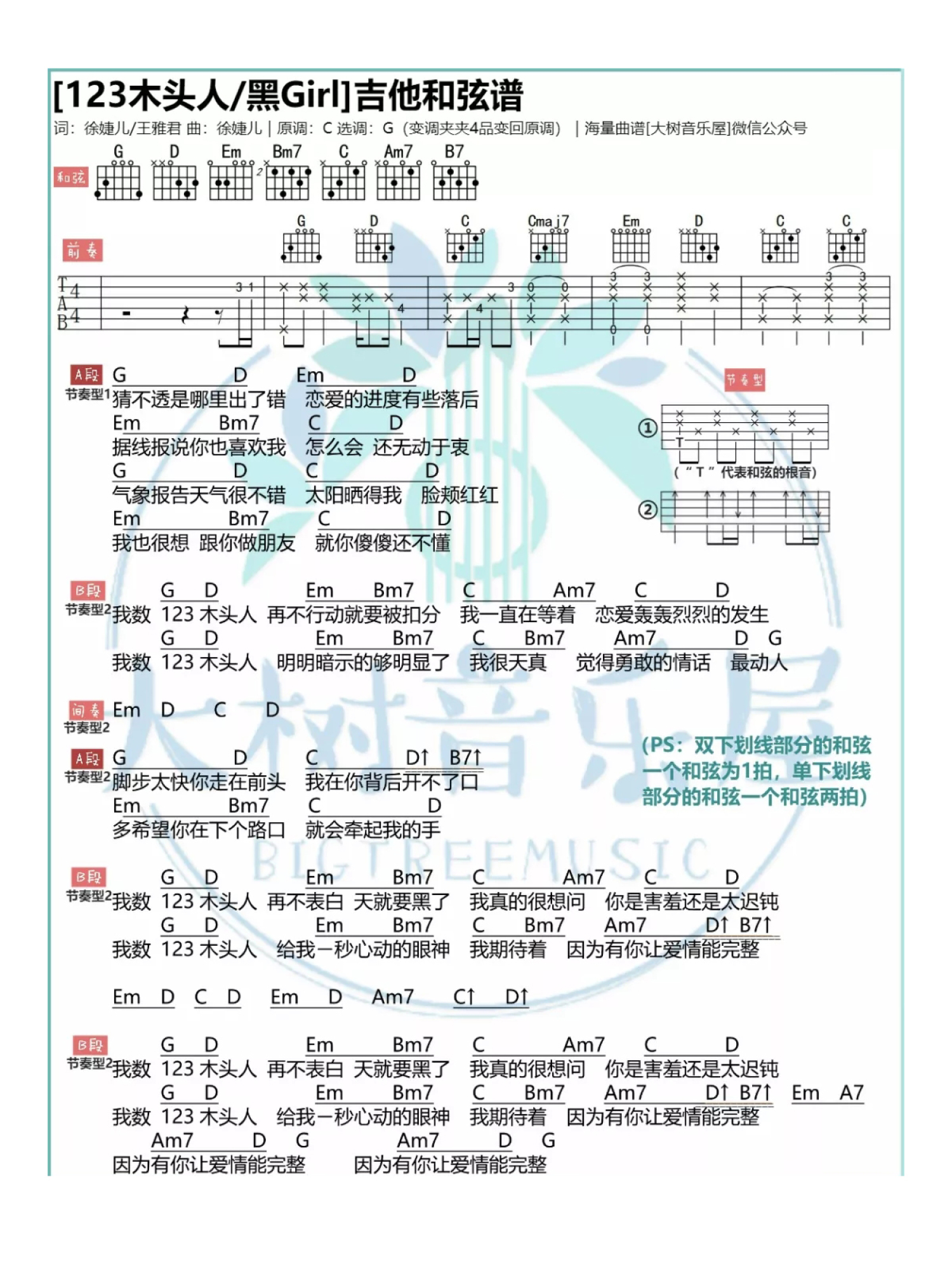 黑GIRL《123木头人》吉他谱_C调吉他弹唱谱_和弦谱第1张