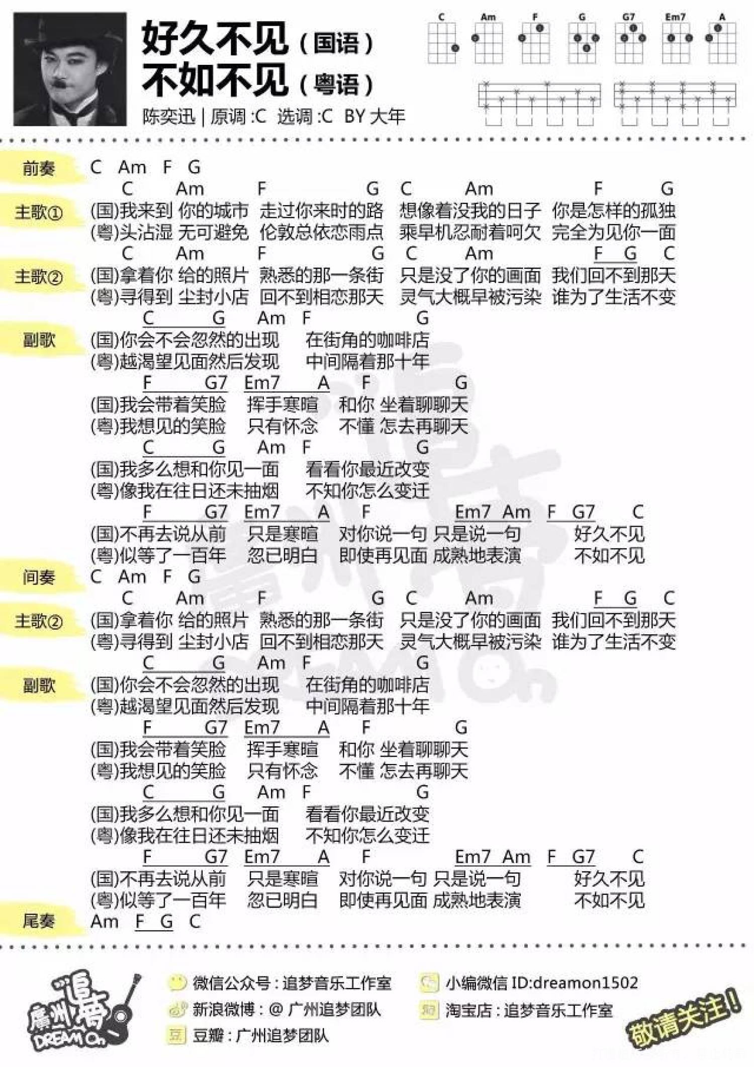 陈奕迅《好久不见》_C调尤克里里谱第1张