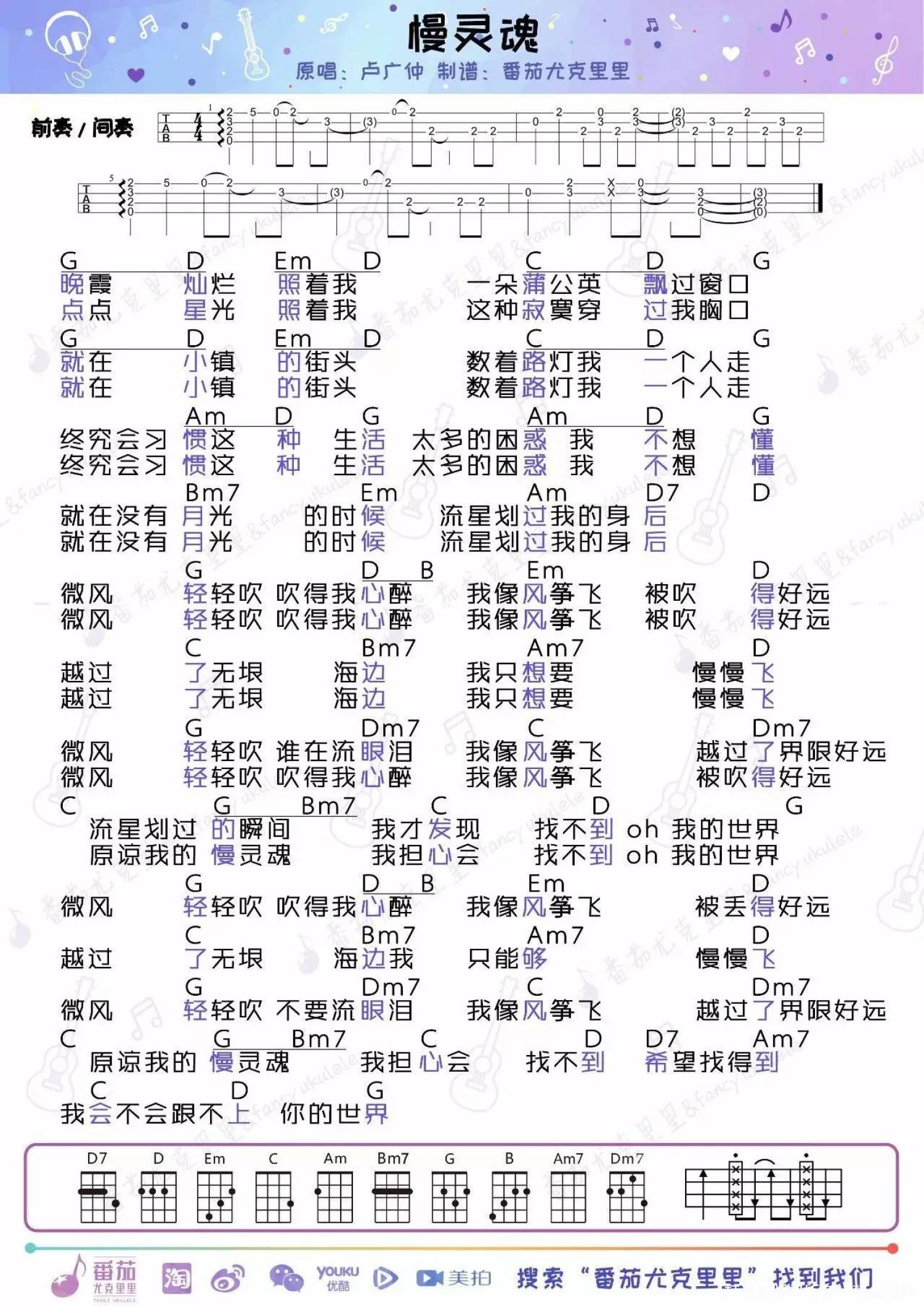 卢广仲《慢灵魂》_G调尤克里里谱第1张