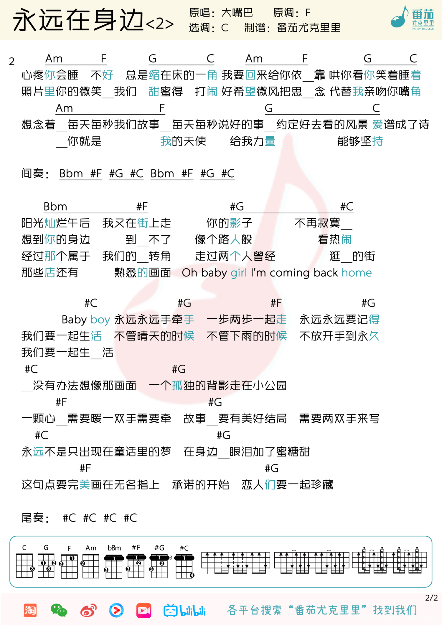 大嘴巴《永远在身边》_尤克里里谱第1张