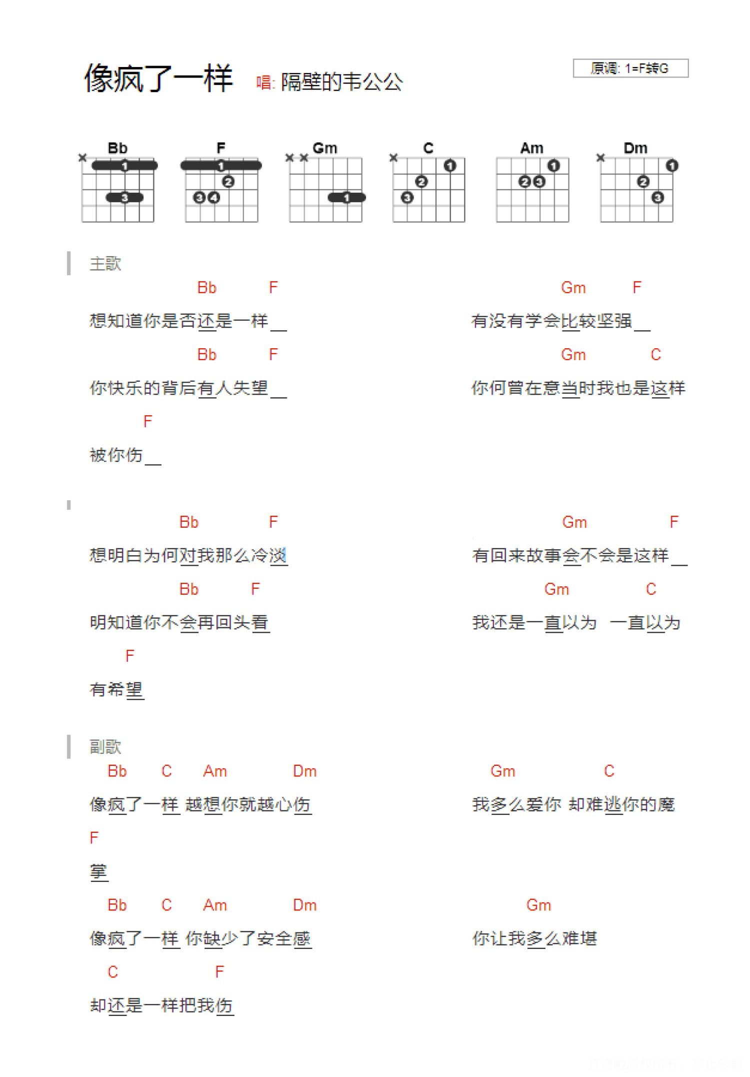 齐秦《像疯了一样》吉他谱_F调吉他弹唱谱_和弦谱第1张