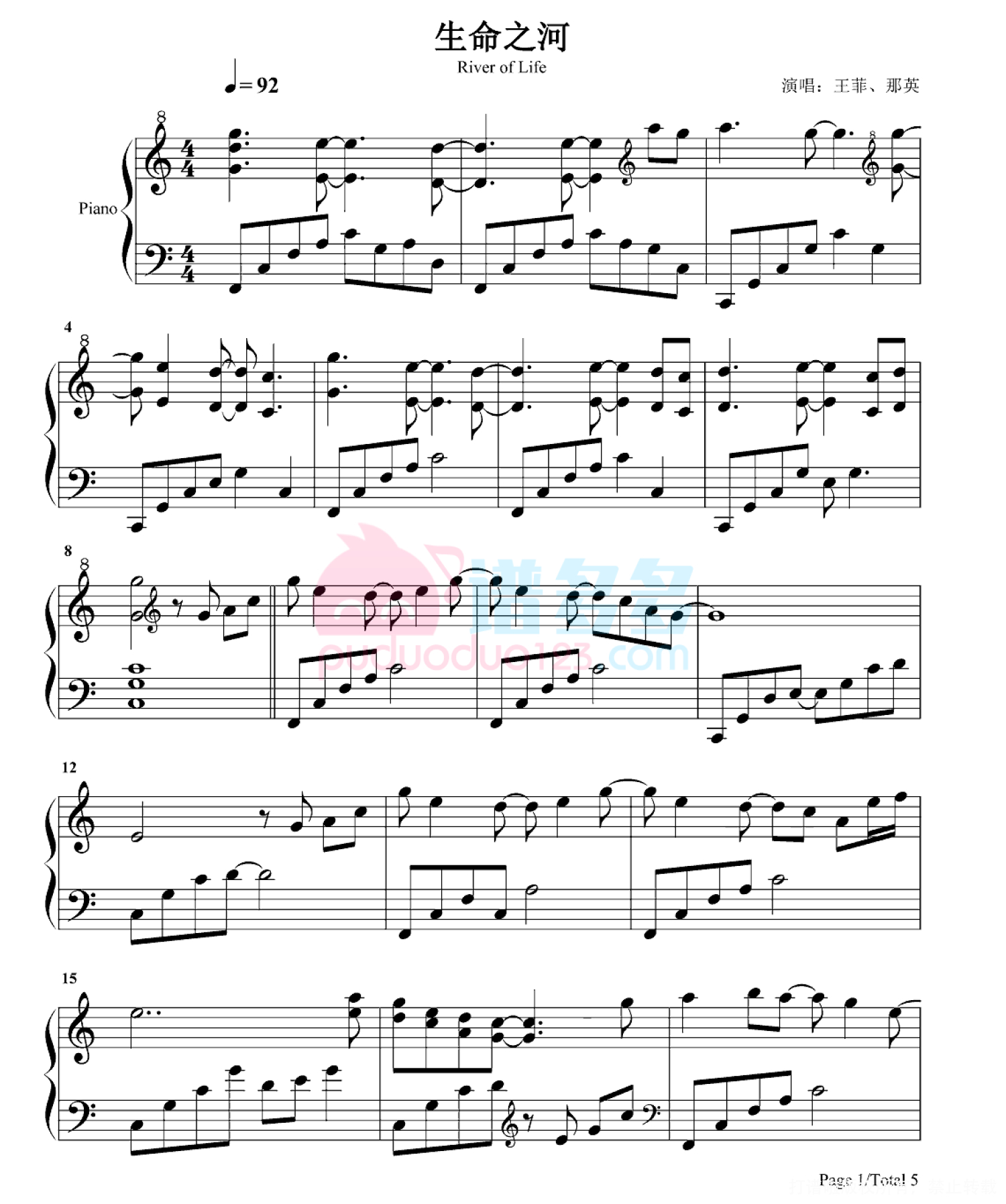 王菲、那英《生命之河》钢琴谱第1张