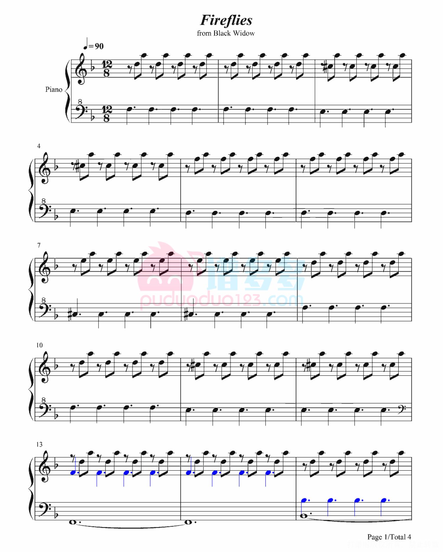 黑寡妇OST《Fireflies》钢琴谱第1张