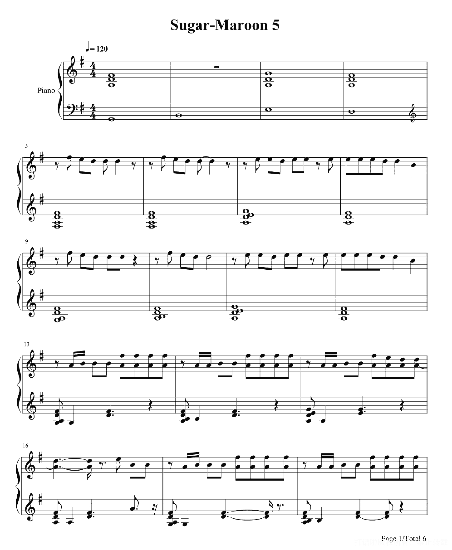 Maroon 5乐队《Sugar》钢琴谱第1张