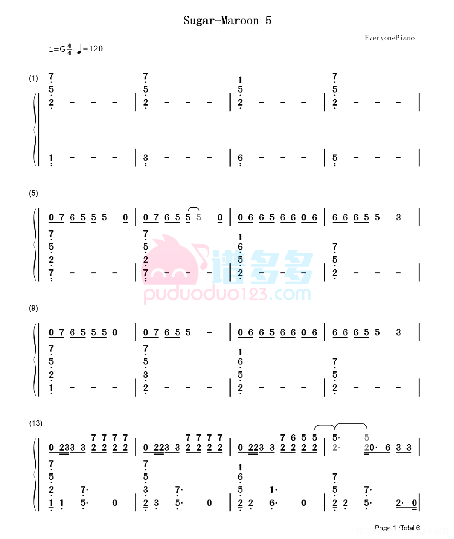 Maroon 5乐队《Sugar》钢琴谱第6张