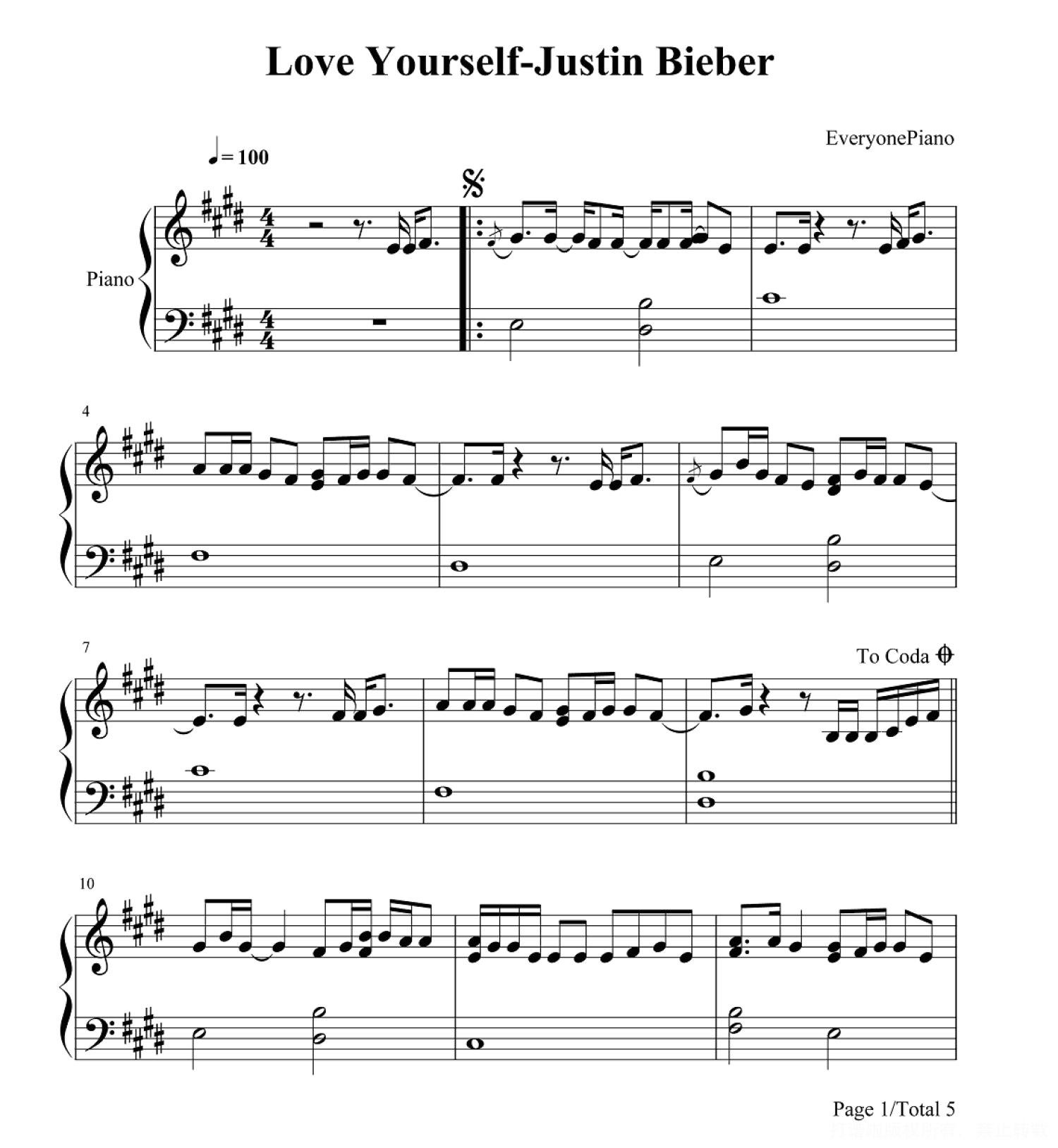 Justin Bieber《Love Yourself》钢琴谱第1张