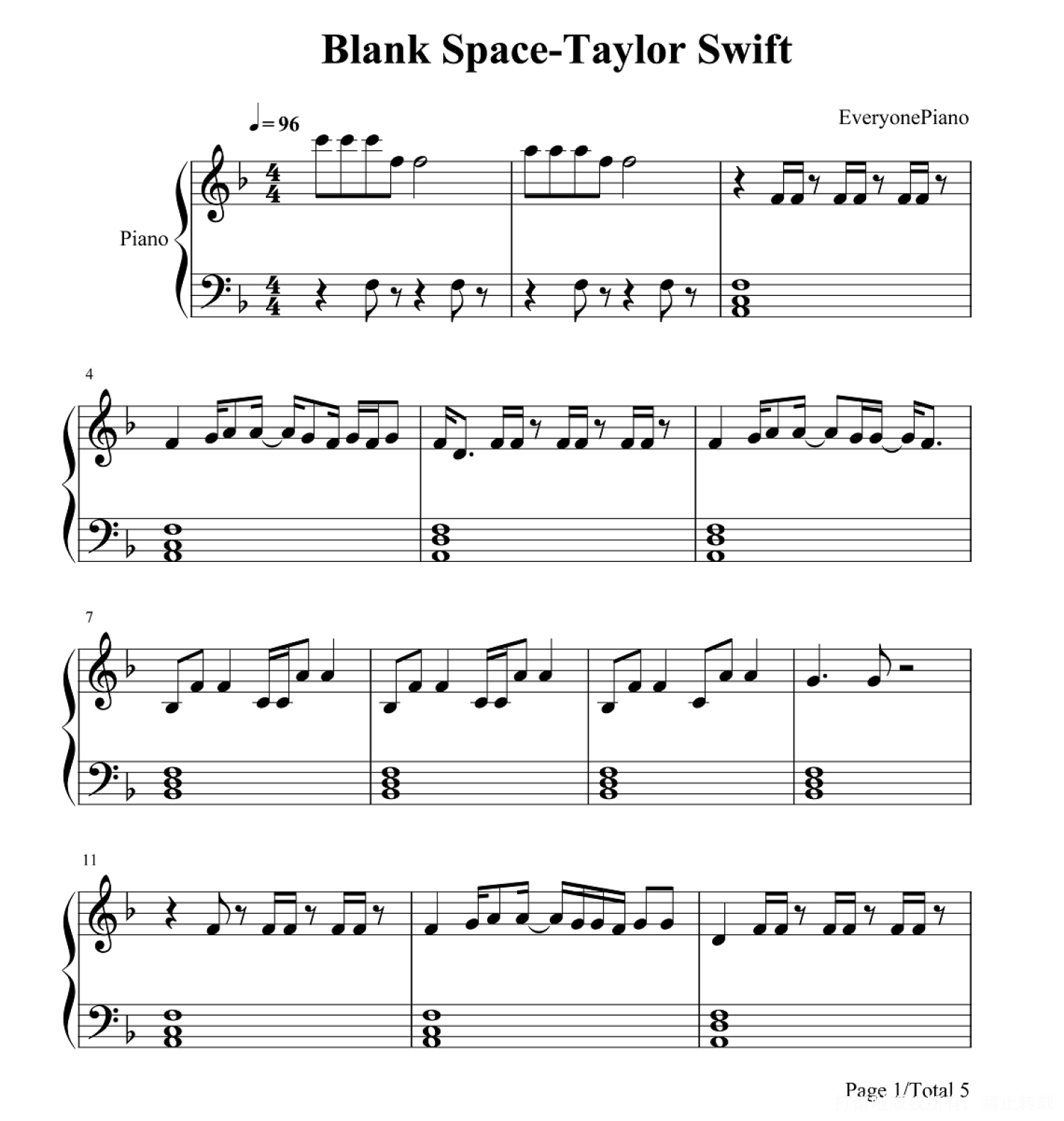 Taylor Swift《Blank Space》钢琴谱第1张