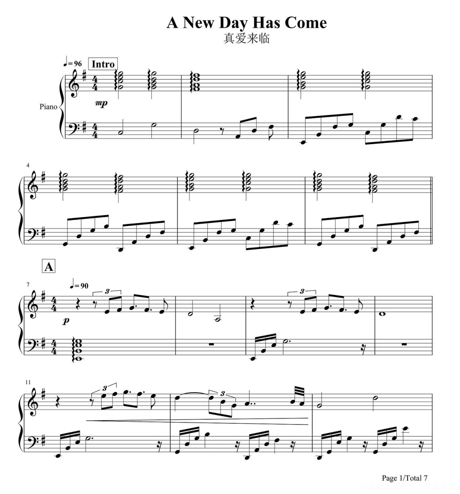 席琳·迪翁《A new day has come》钢琴谱第1张