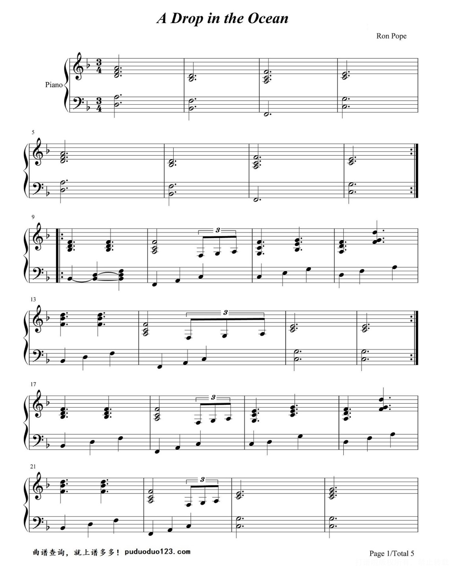 Ron Pope《A Drop In The Ocean》钢琴谱第1张