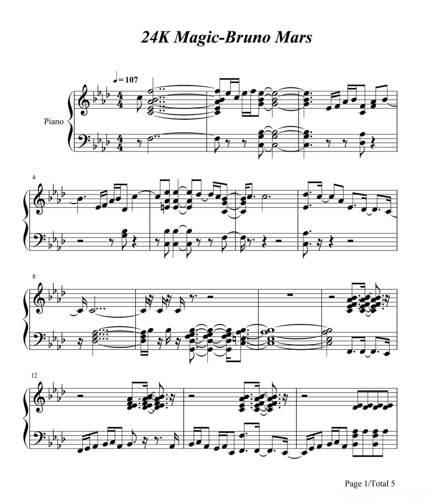 布鲁诺·马尔斯《24k Magic》钢琴谱第1张