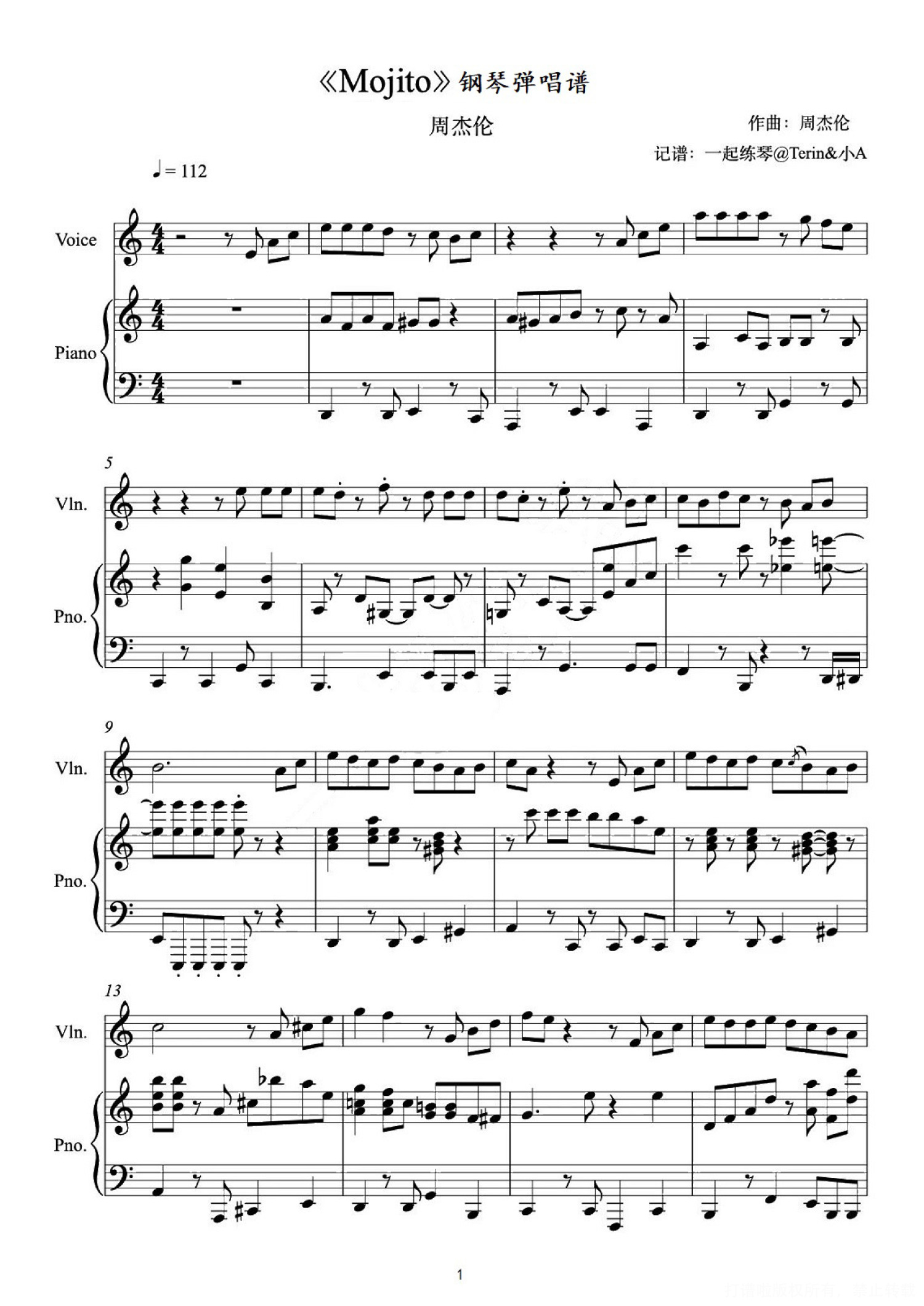 周杰伦《Mojito》钢琴谱（弹唱+独奏，完整高清）第1张
