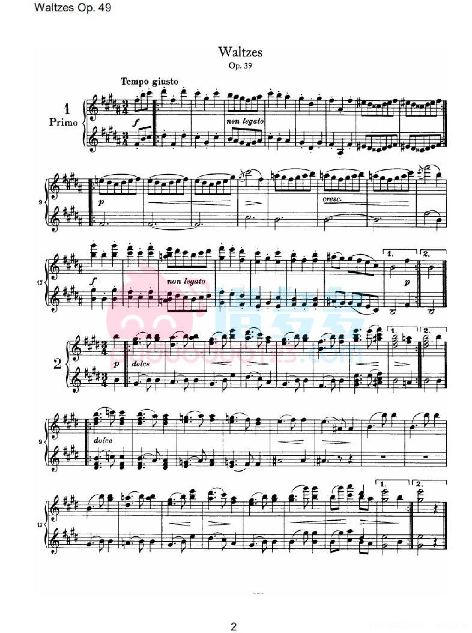 约翰内斯·勃拉姆斯《十六首华尔兹，Op. 39》钢琴四手连弹曲谱第2张