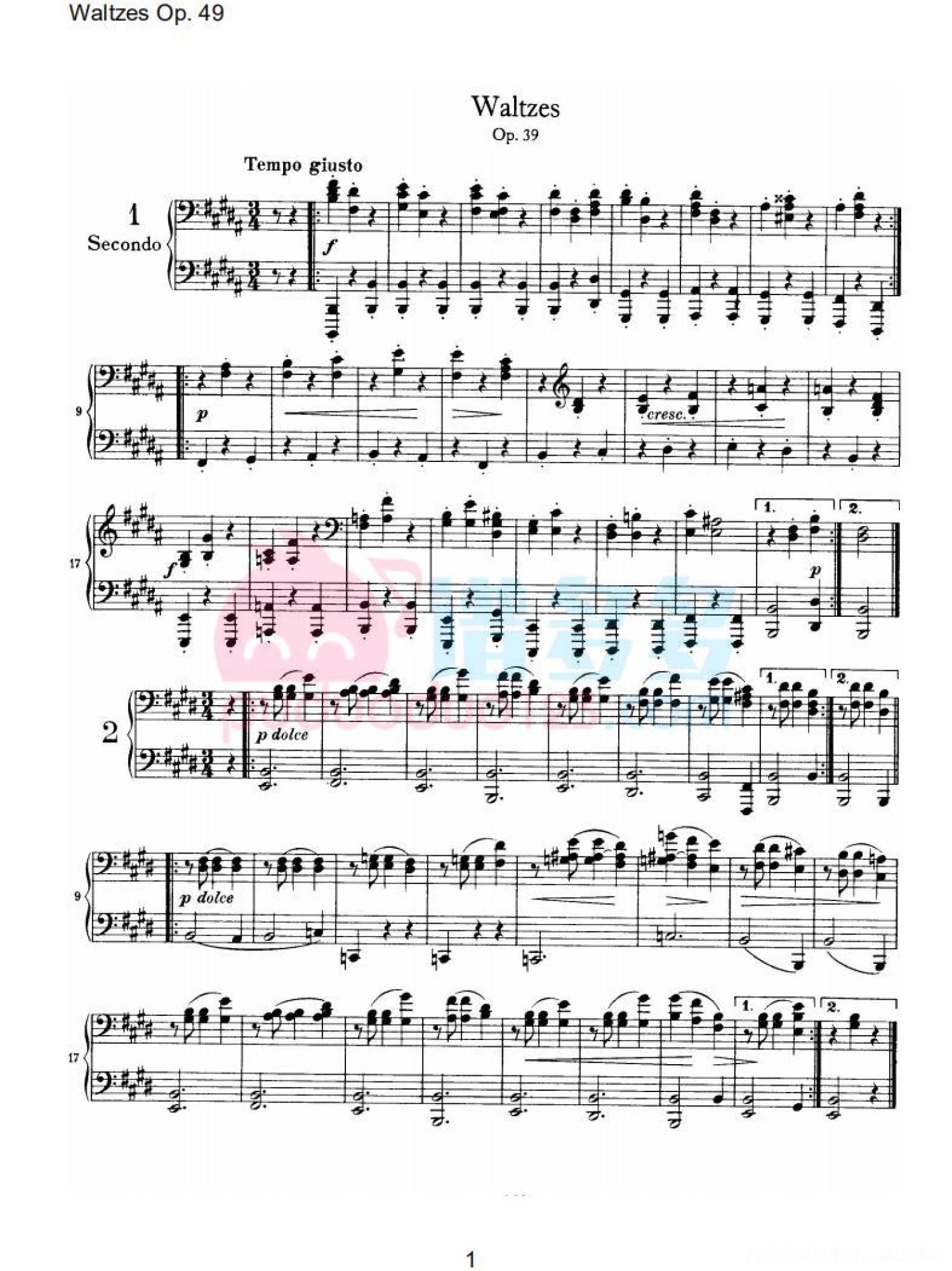 约翰内斯·勃拉姆斯《十六首华尔兹，Op. 39》钢琴四手连弹曲谱第1张