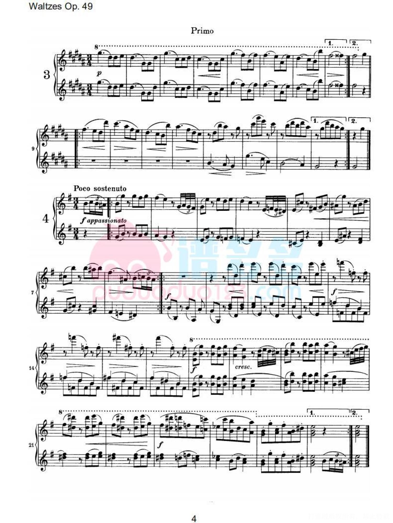 约翰内斯·勃拉姆斯《十六首华尔兹，Op. 39》钢琴四手连弹曲谱第4张