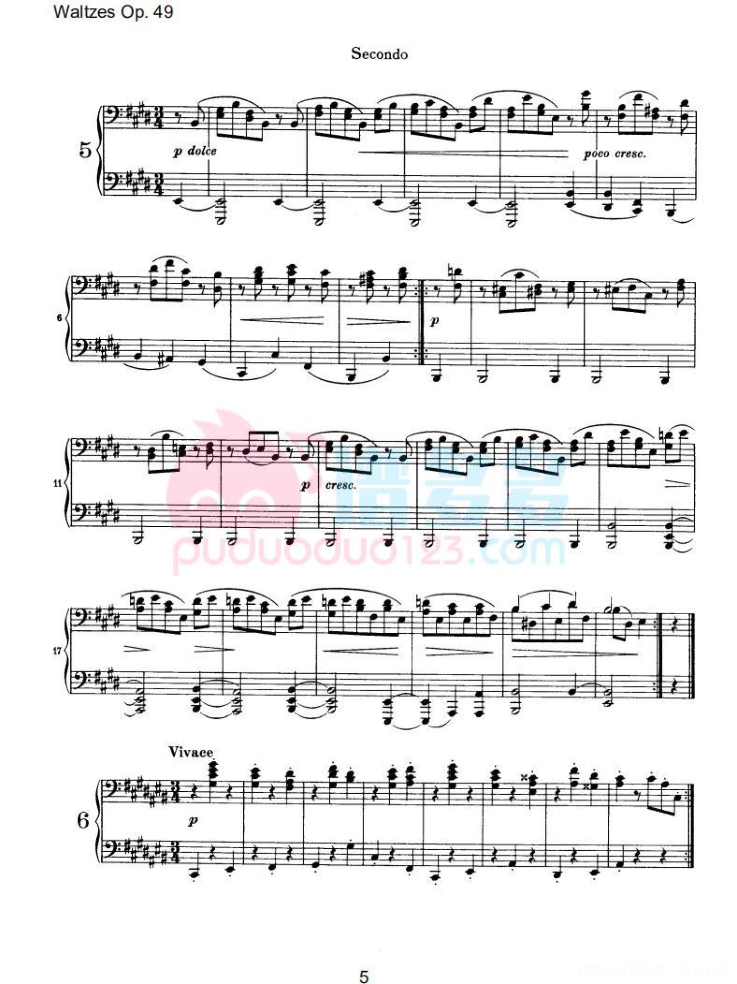 约翰内斯·勃拉姆斯《十六首华尔兹，Op. 39》钢琴四手连弹曲谱第5张