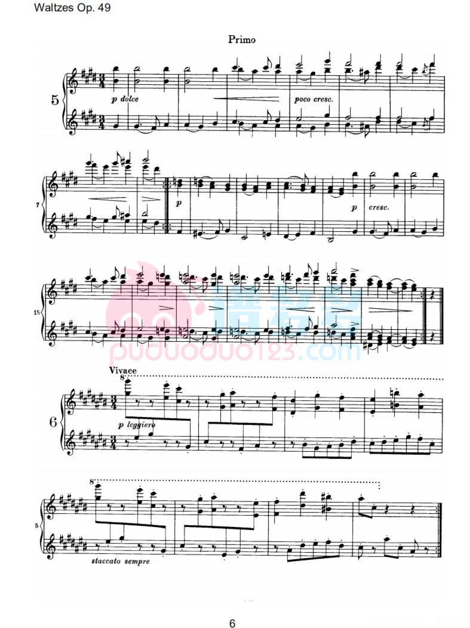 约翰内斯·勃拉姆斯《十六首华尔兹，Op. 39》钢琴四手连弹曲谱第6张