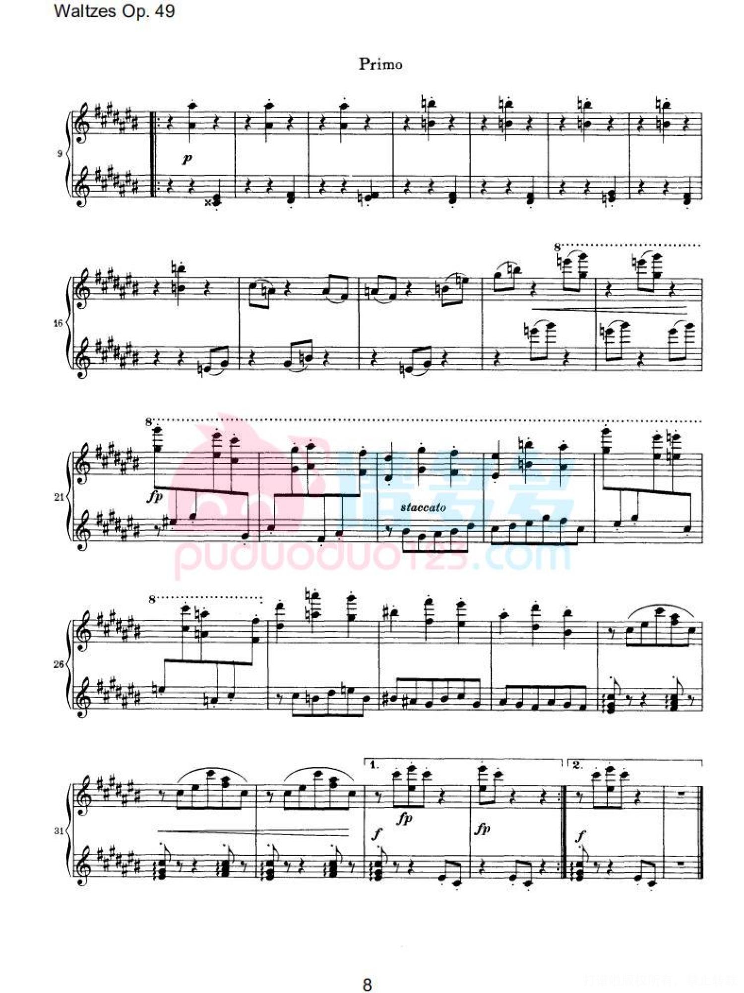 约翰内斯·勃拉姆斯《十六首华尔兹，Op. 39》钢琴四手连弹曲谱第8张