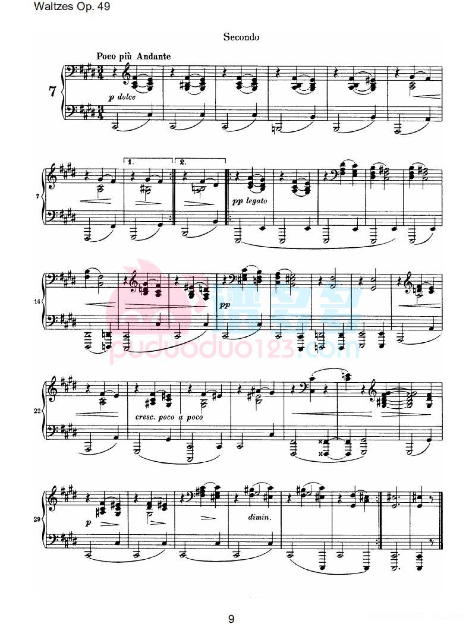 约翰内斯·勃拉姆斯《十六首华尔兹，Op. 39》钢琴四手连弹曲谱第9张
