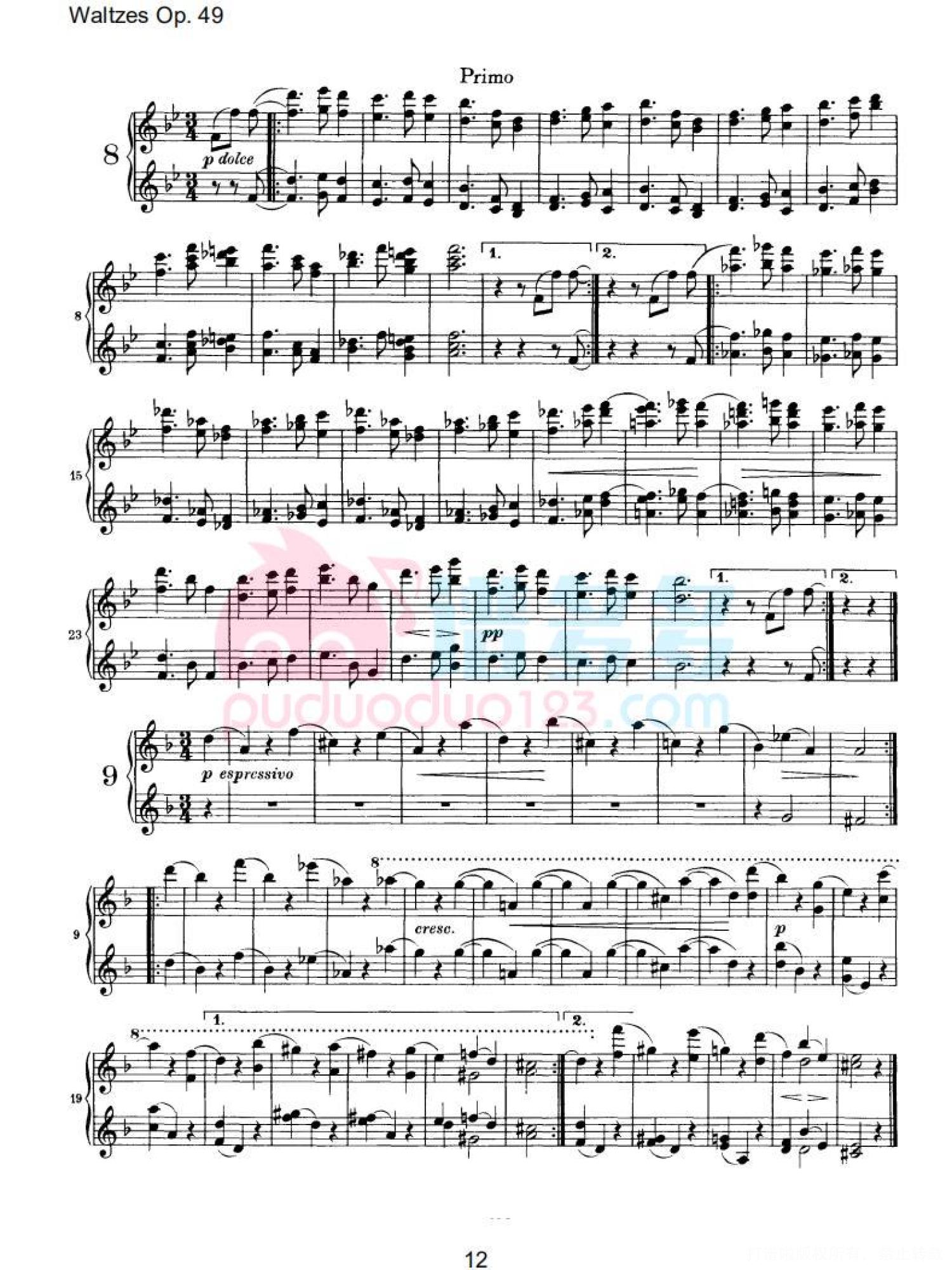 约翰内斯·勃拉姆斯《十六首华尔兹，Op. 39》钢琴四手连弹曲谱第12张