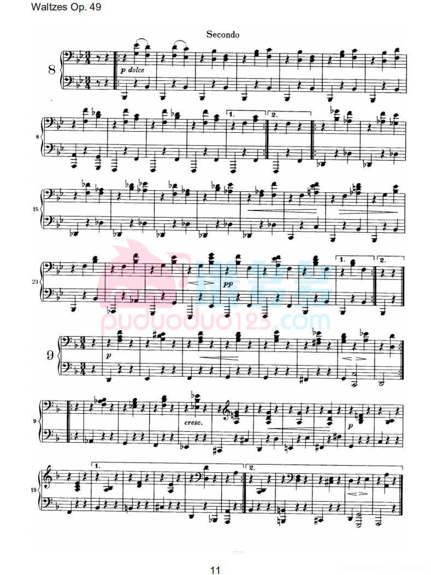 约翰内斯·勃拉姆斯《十六首华尔兹，Op. 39》钢琴四手连弹曲谱第11张
