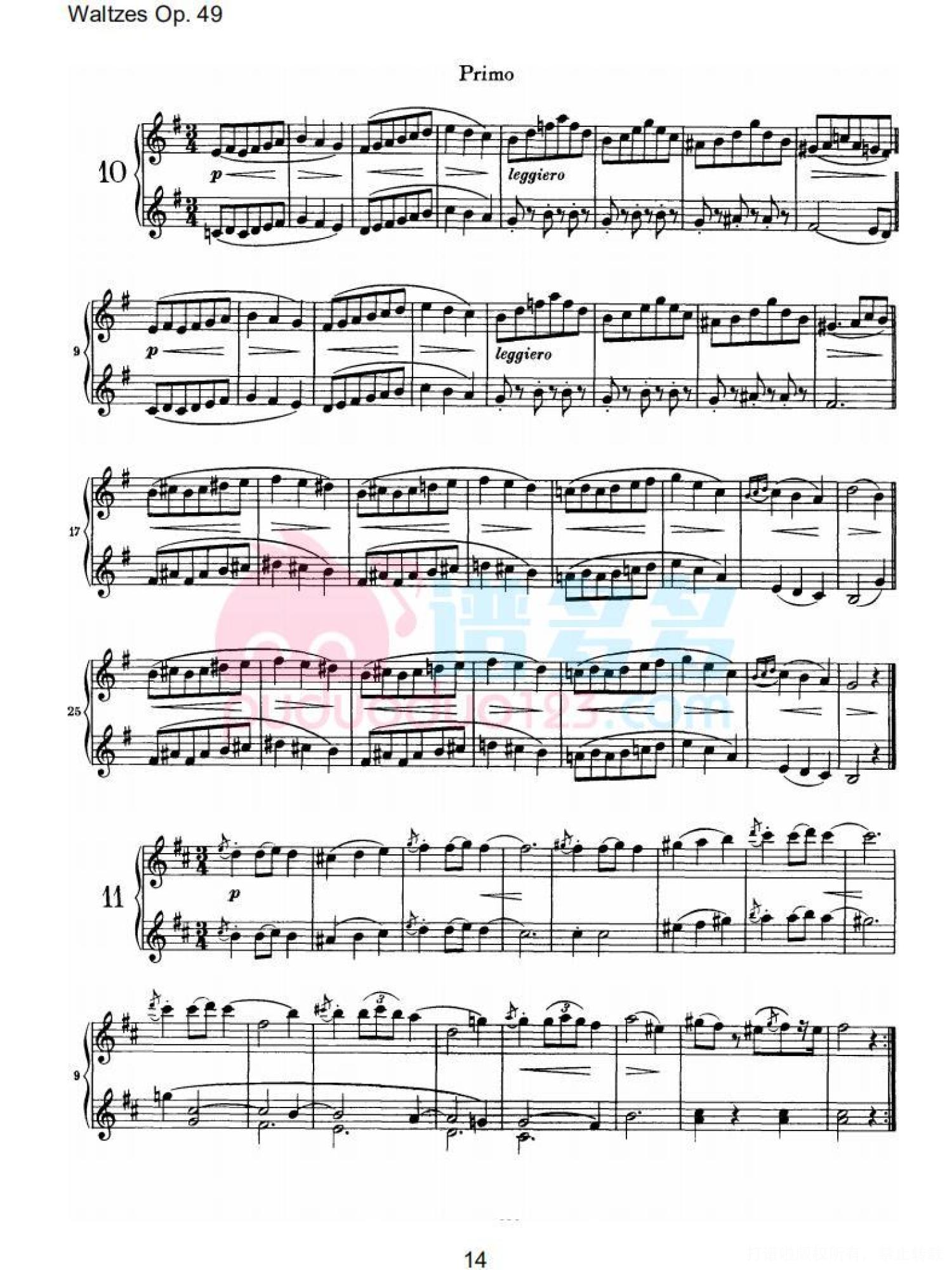 约翰内斯·勃拉姆斯《十六首华尔兹，Op. 39》钢琴四手连弹曲谱第14张