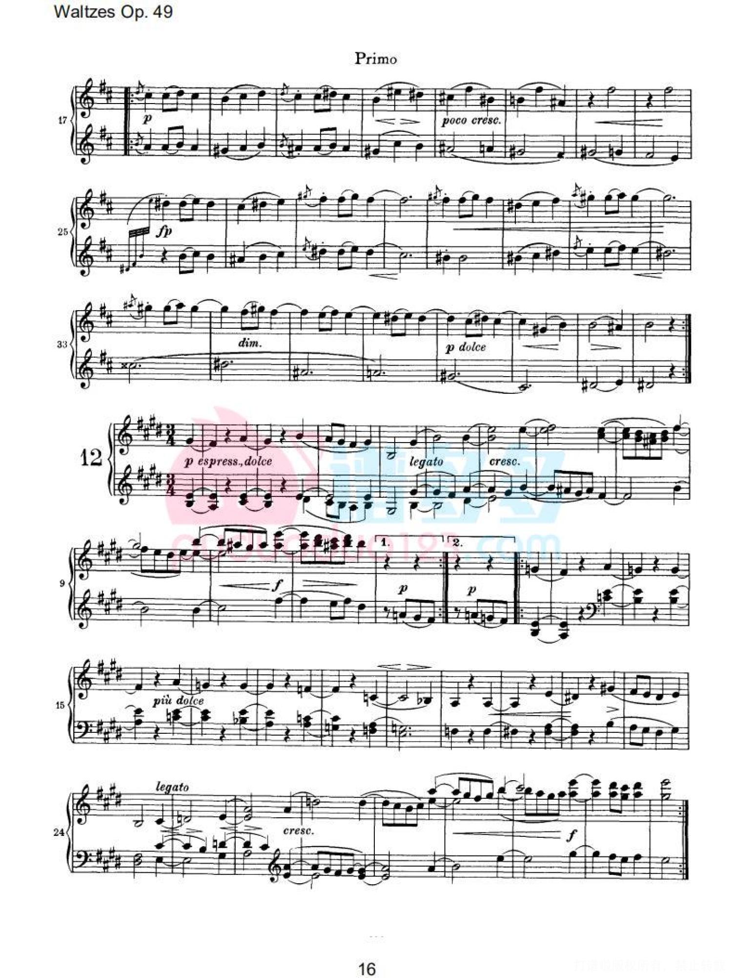 约翰内斯·勃拉姆斯《十六首华尔兹，Op. 39》钢琴四手连弹曲谱第16张